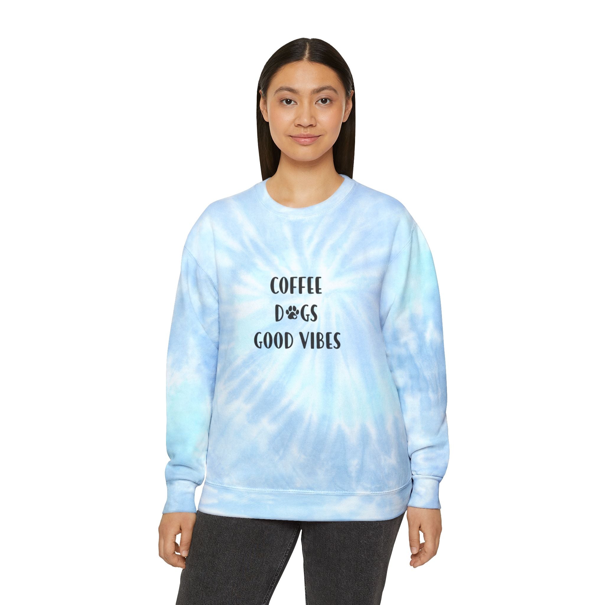 Tie-Dye Sweatshirt — "Coffee Dogs Good Vibes" Light Blue Cozy Pullover