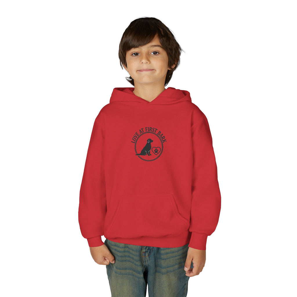 Youth Hoodie — "Love at First Bark" Puppy Graphic