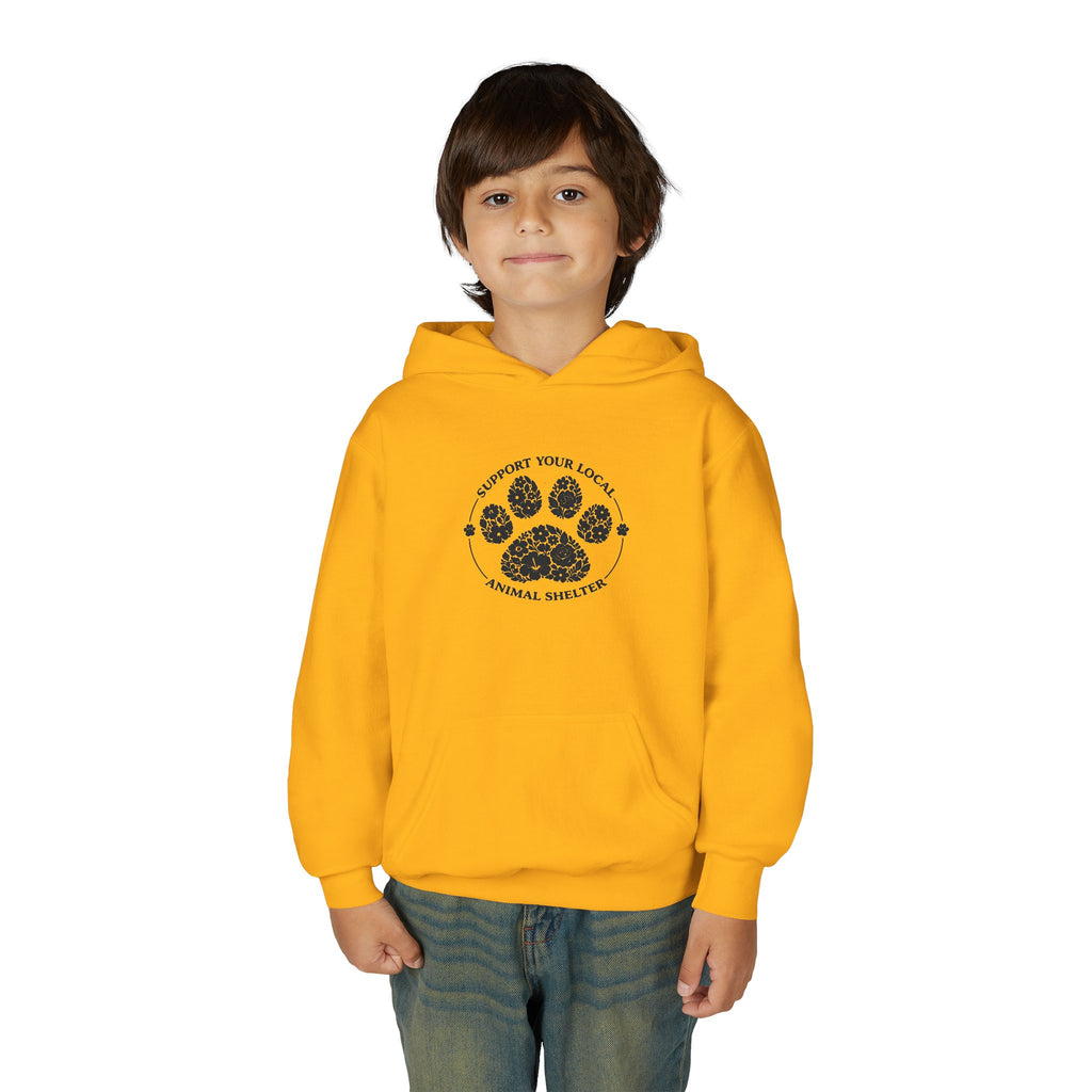 Youth Paw Print Hoodie — 'Support Your Local Animal Shelter' Kids Sweatshirt