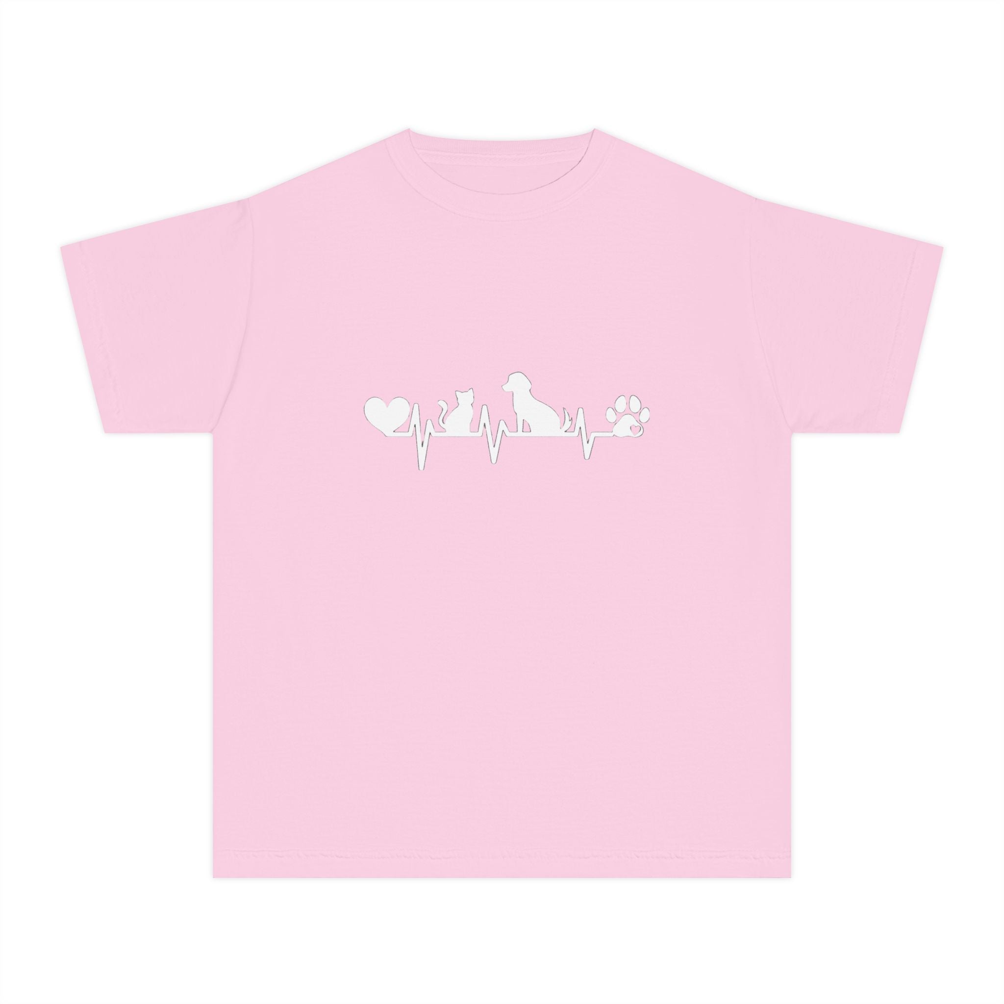 Youth Tee — Cute White Animal Heartbeat Graphic (Kids Casual Top, Spring/Summer)