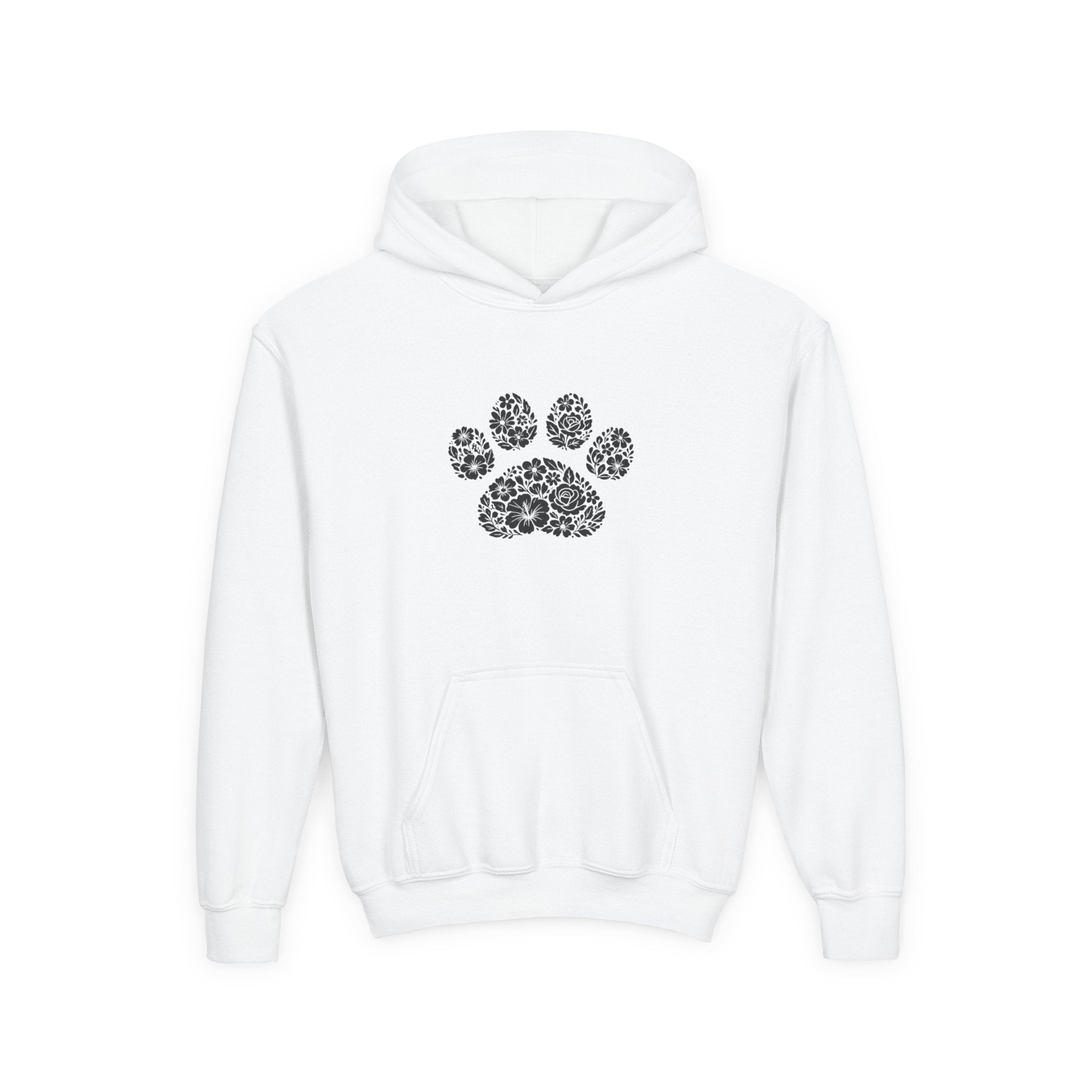 Youth Paw Print Hoodie — Floral Leopard Paw Graphic Sweatshirt for Kids