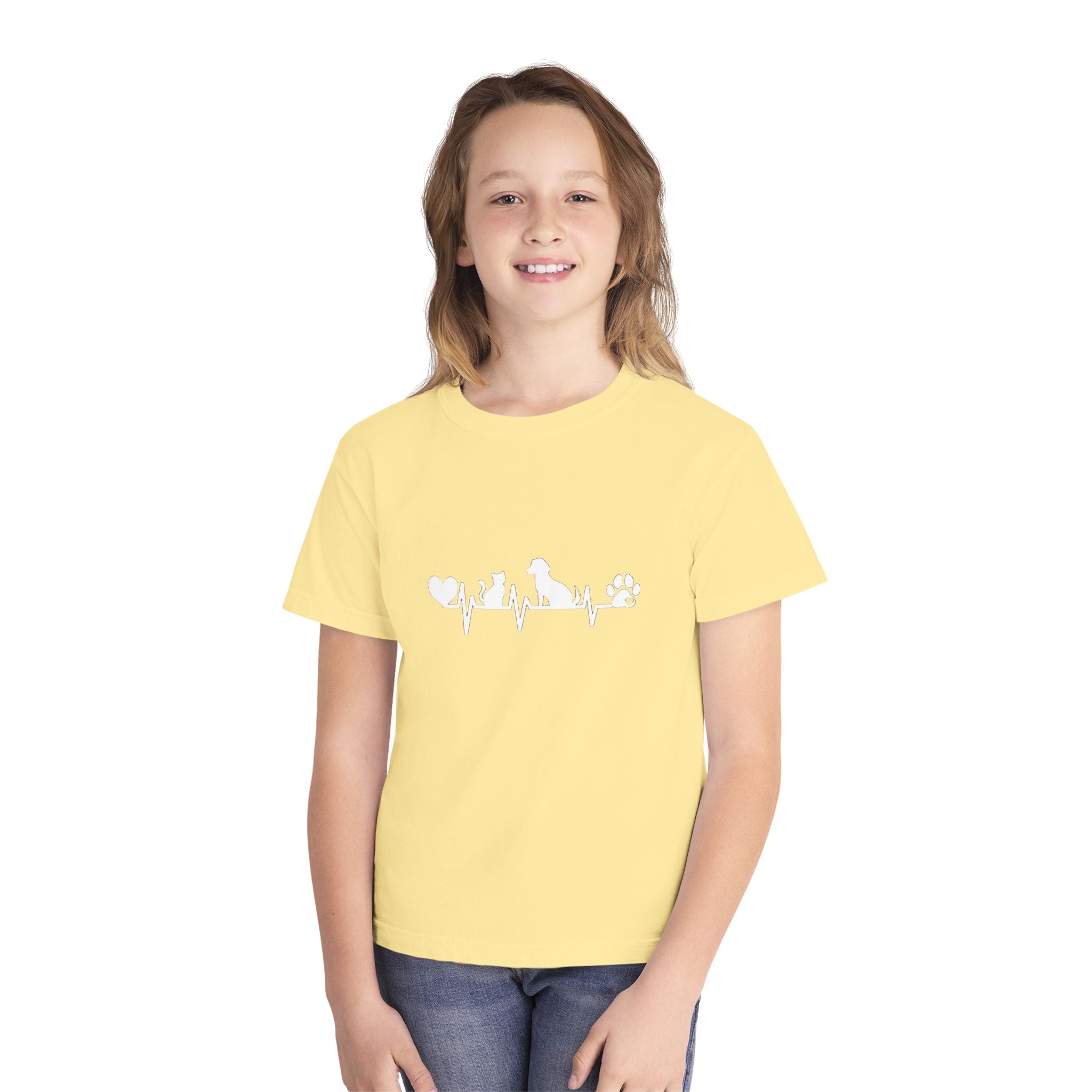 Youth Tee — Cute White Animal Heartbeat Graphic (Kids Casual Top, Spring/Summer)