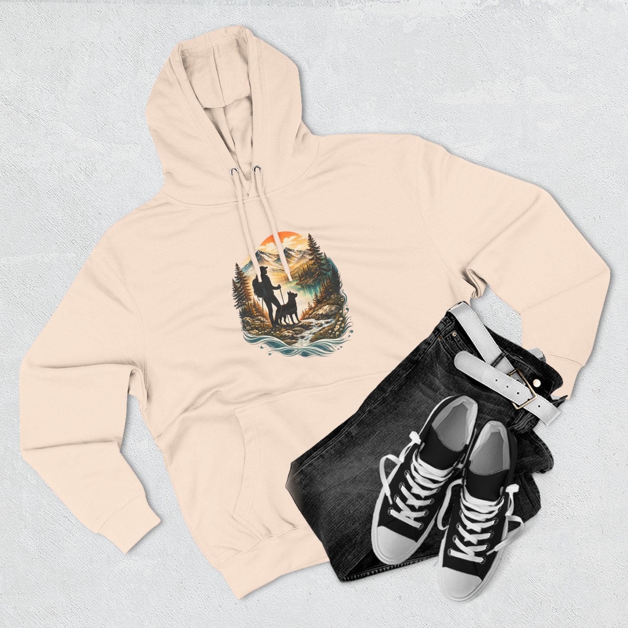 Women's Hiking with Dog in Mountains at Sunset Hoodie