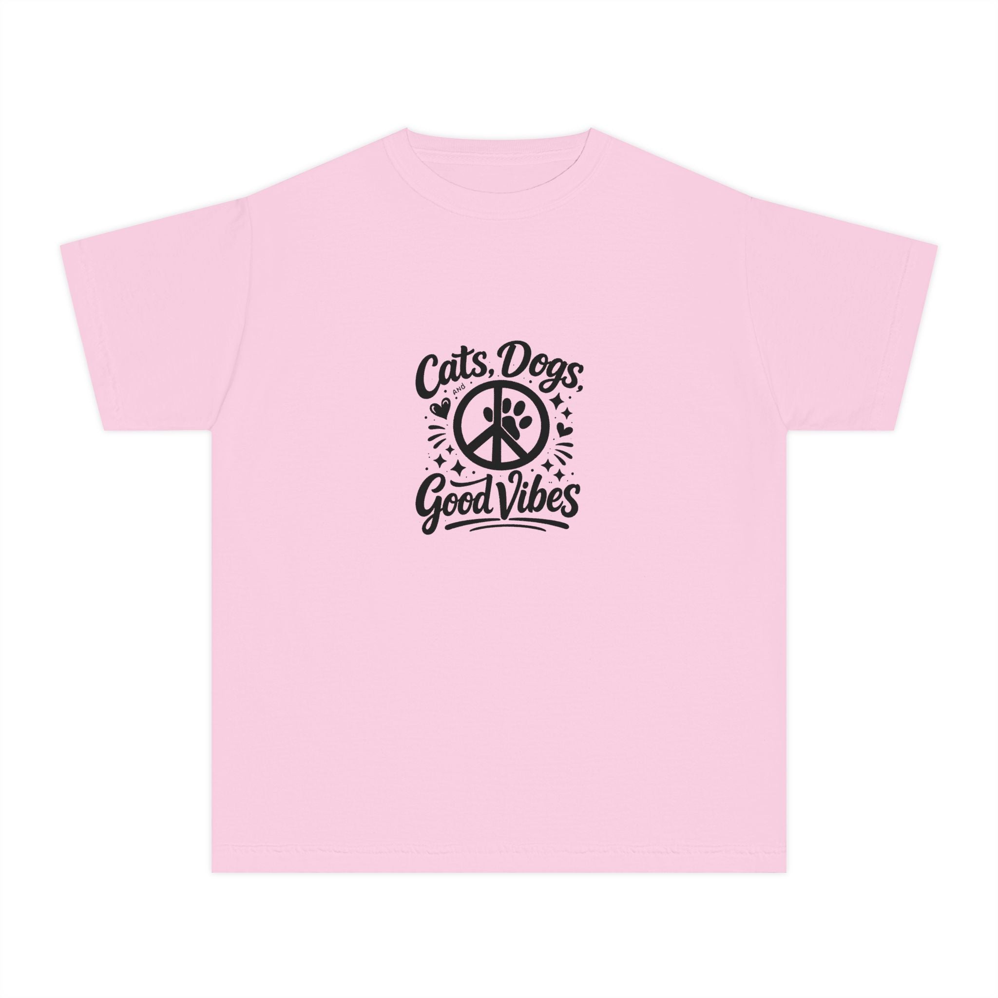 Youth Tee - "Cats. Dogs. Good Vibes" Peace Sign Graphic