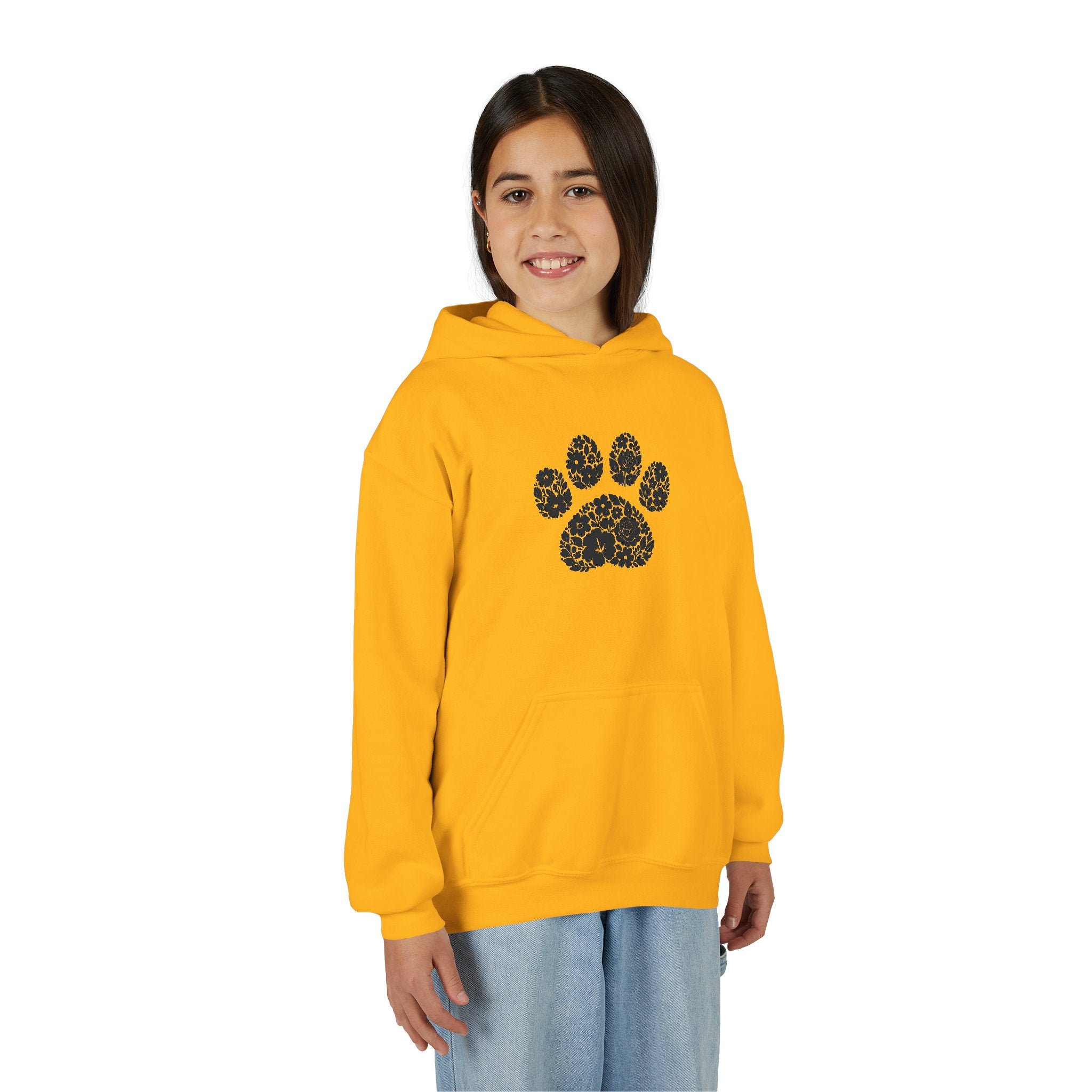 Youth Paw Print Hoodie — Floral Leopard Paw Graphic Sweatshirt for Kids