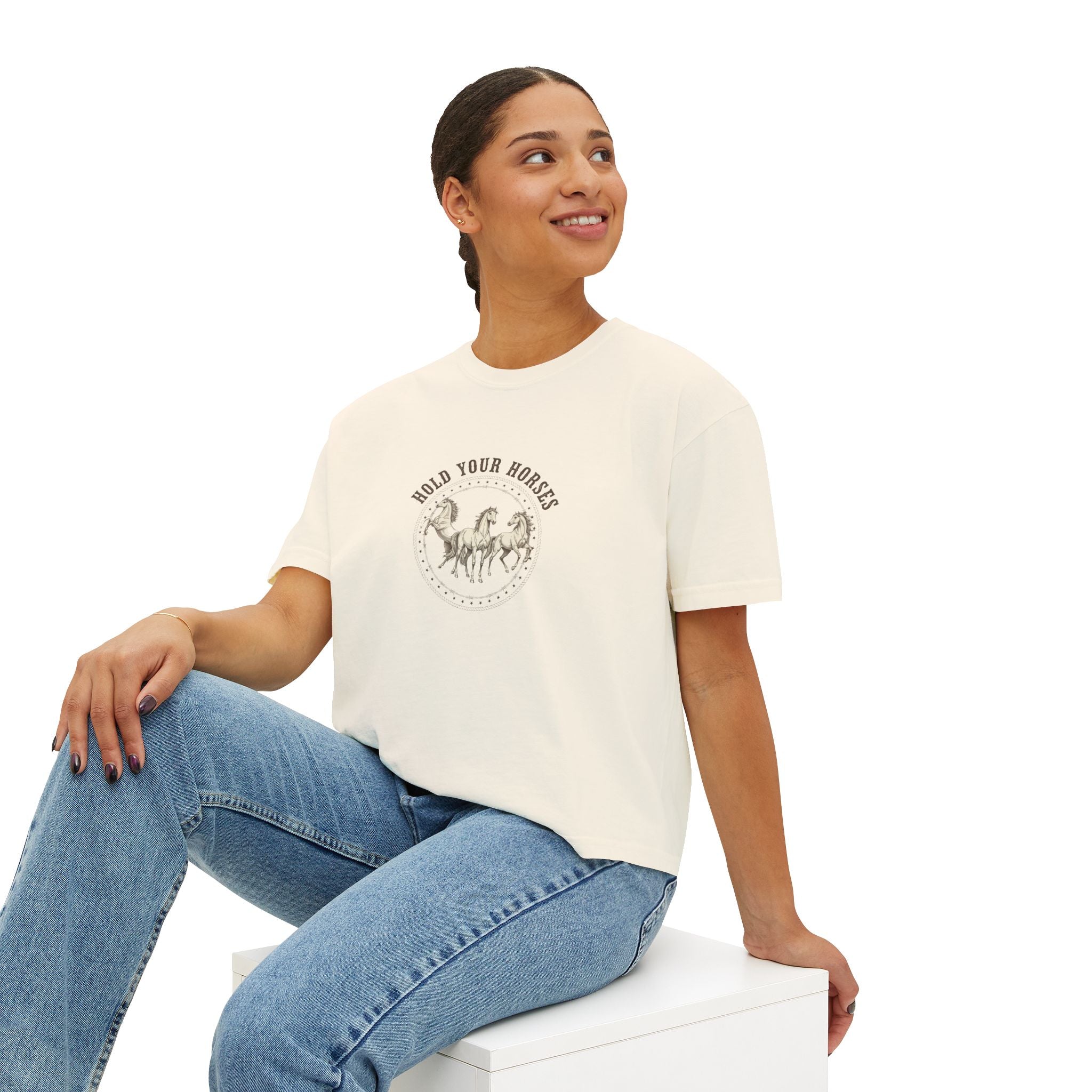 Women's Boxy Tee — 'Hold Your Horses' Vintage Horse Graphic Tee