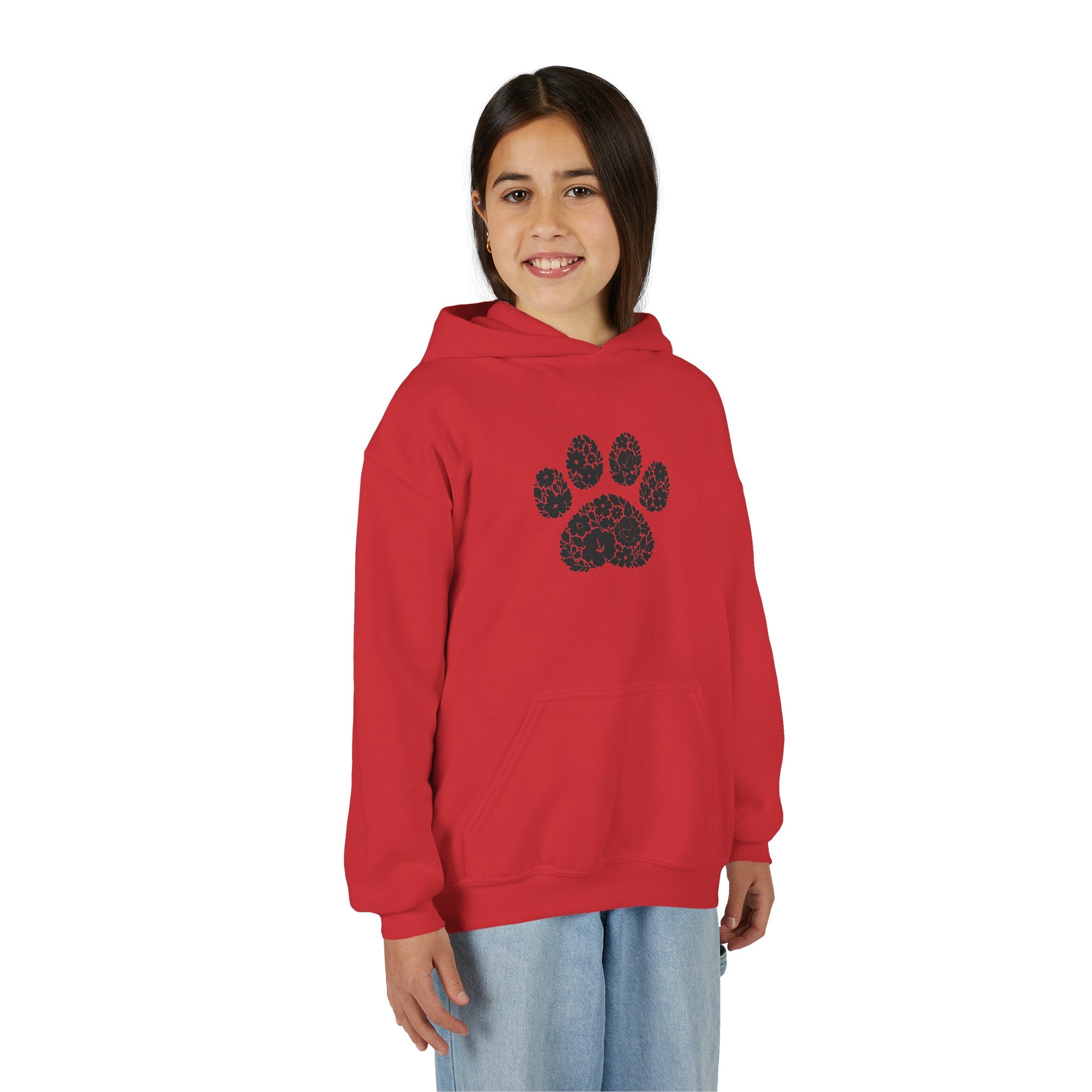 Youth Paw Print Hoodie — Floral Leopard Paw Graphic Sweatshirt for Kids