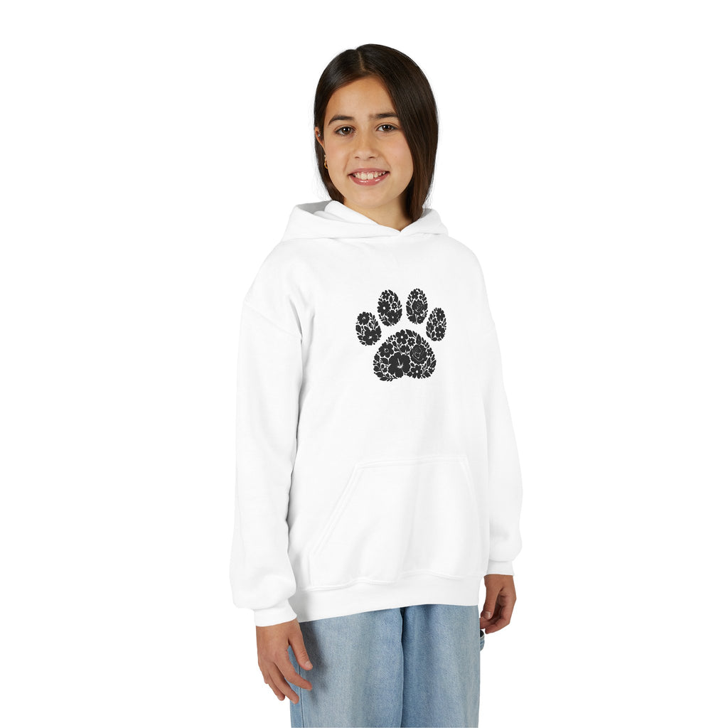 Youth Paw Print Hoodie — Floral Leopard Paw Graphic Sweatshirt for Kids
