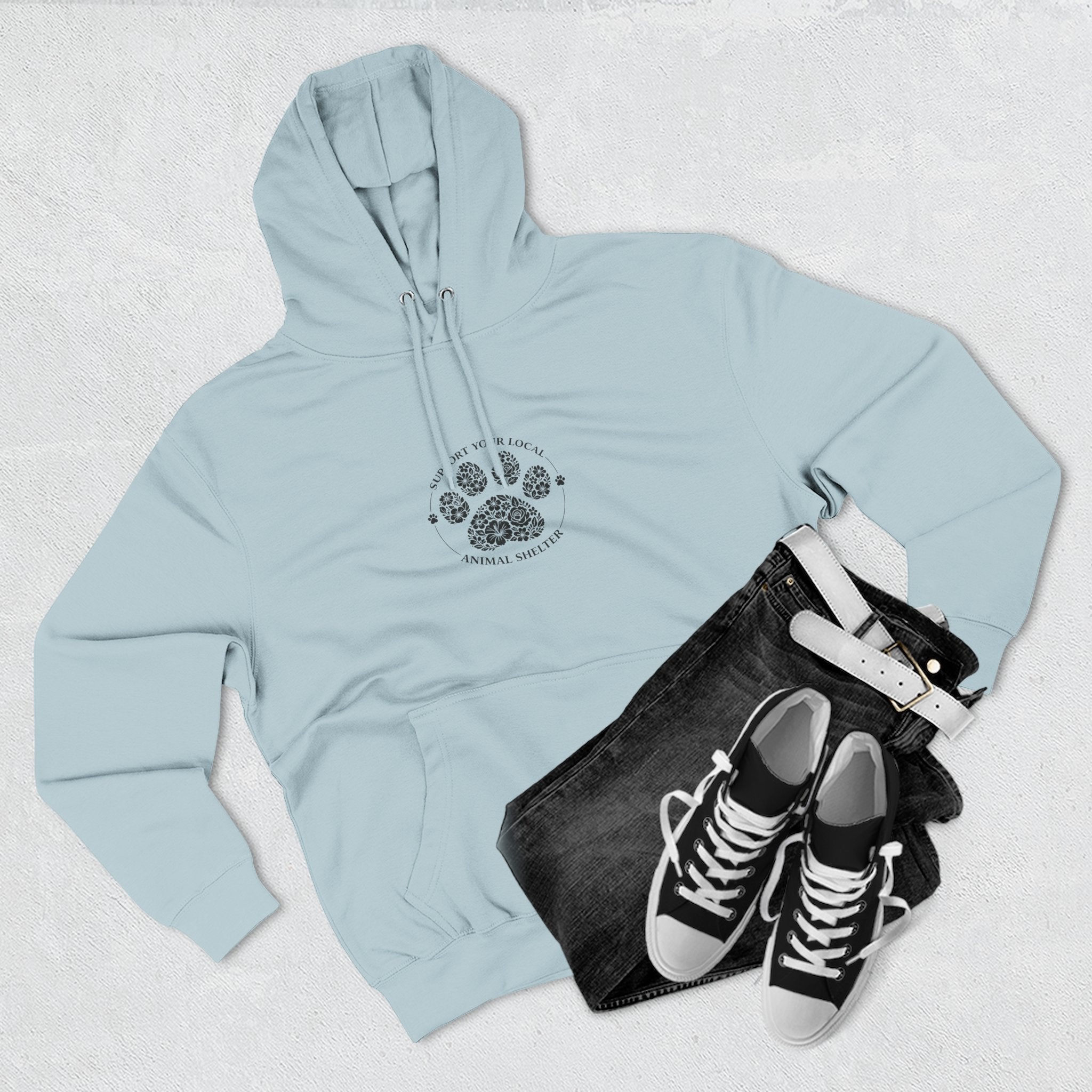 Paw Print Floral Hoodie — "Support Your Local Animal Shelter" Fleece Pullover