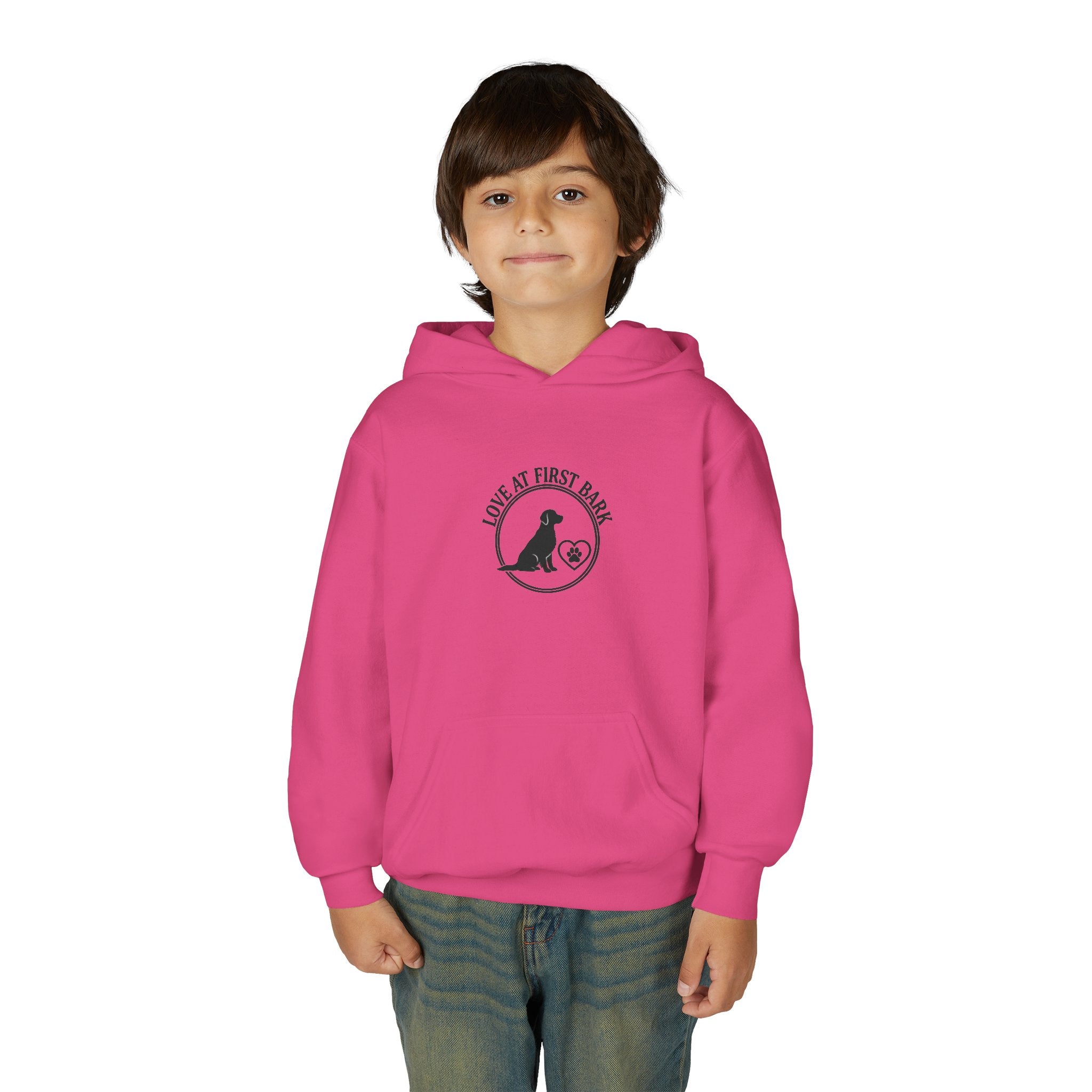 Youth Hoodie — "Love at First Bark" Puppy Graphic