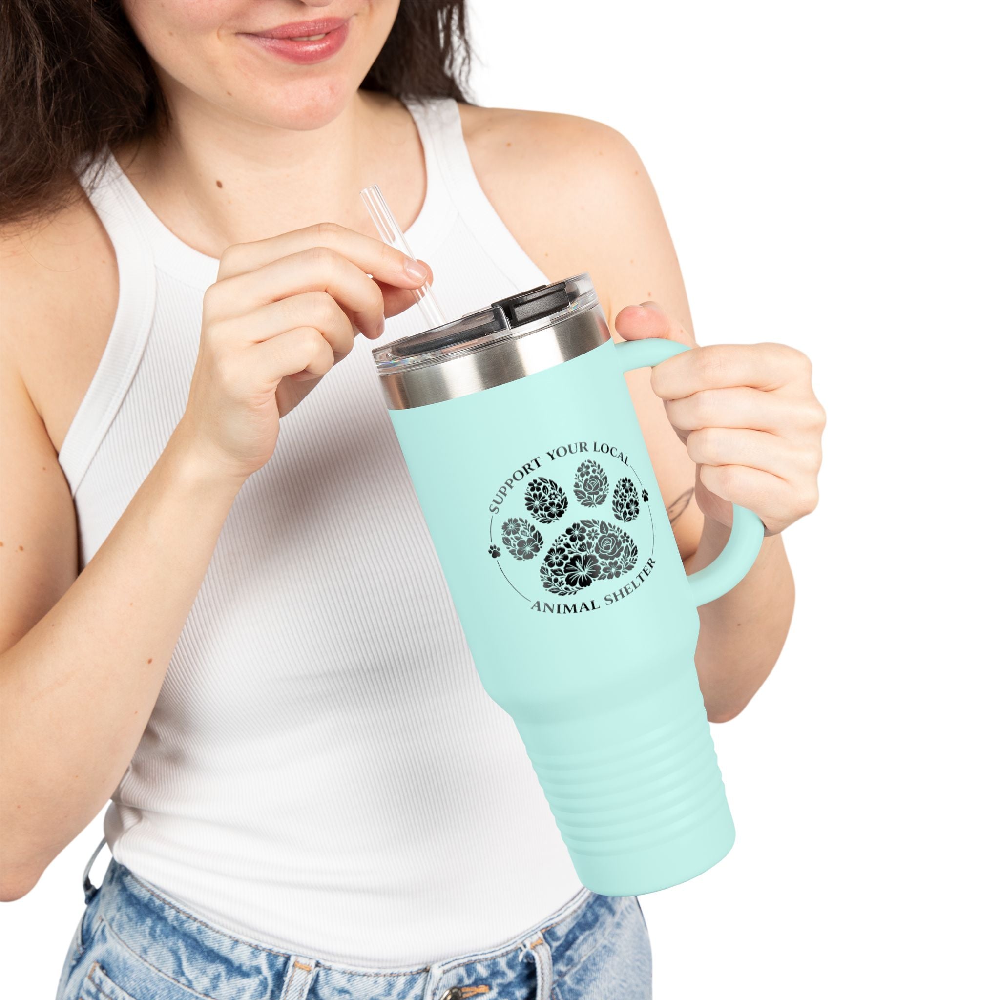 40oz Insulated Travel Mug — "Support Your Local Animal Shelter" Paw Print Design