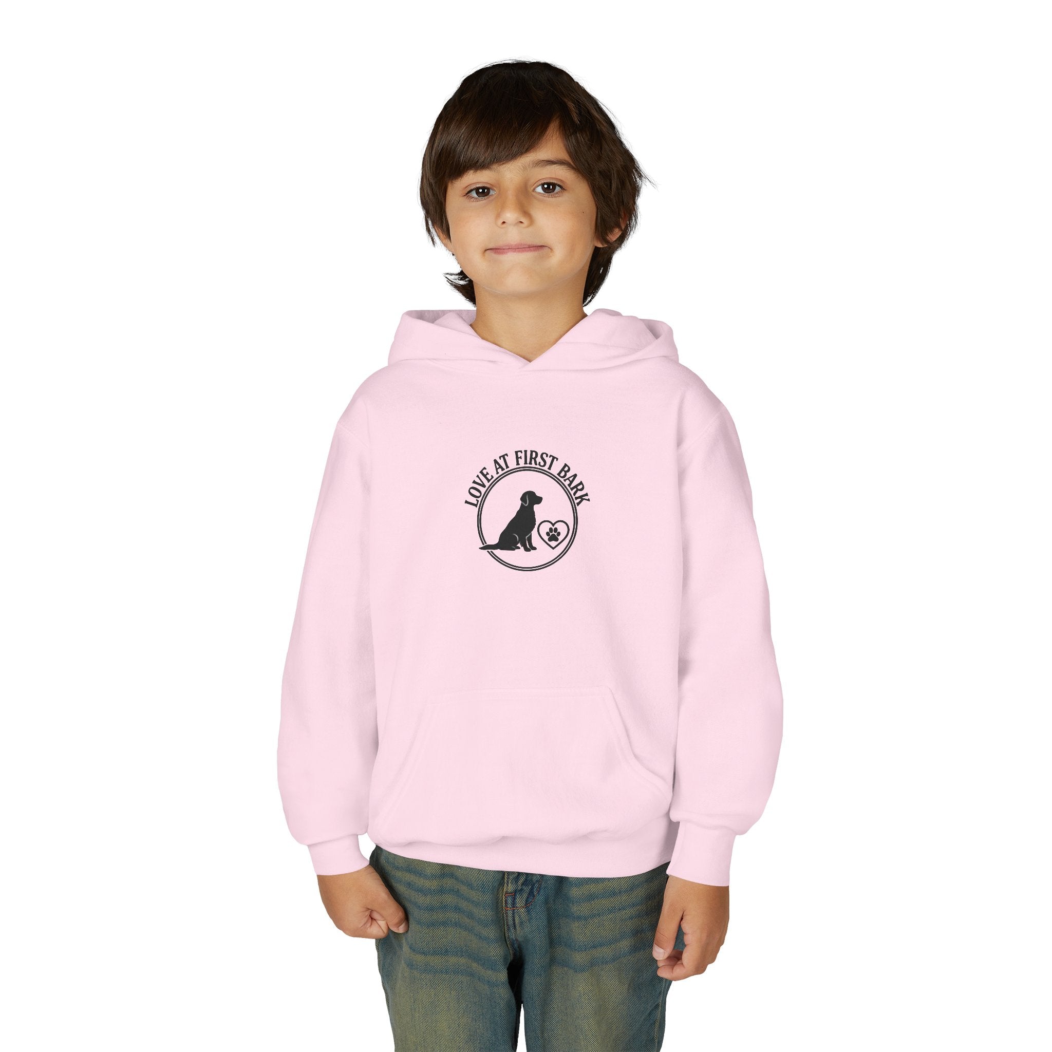 Youth Hoodie — "Love at First Bark" Puppy Graphic