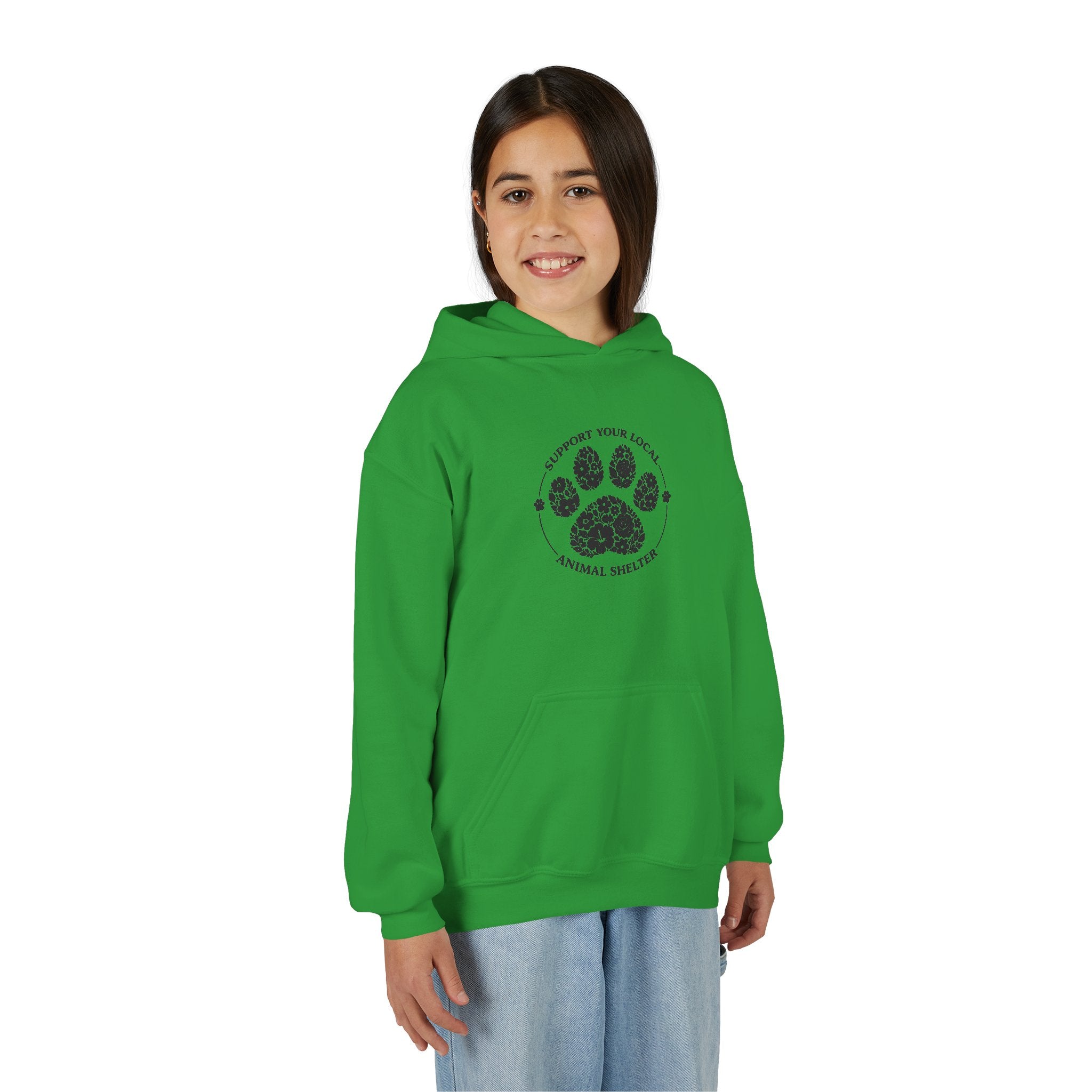 Youth Paw Print Hoodie — 'Support Your Local Animal Shelter' Kids Sweatshirt