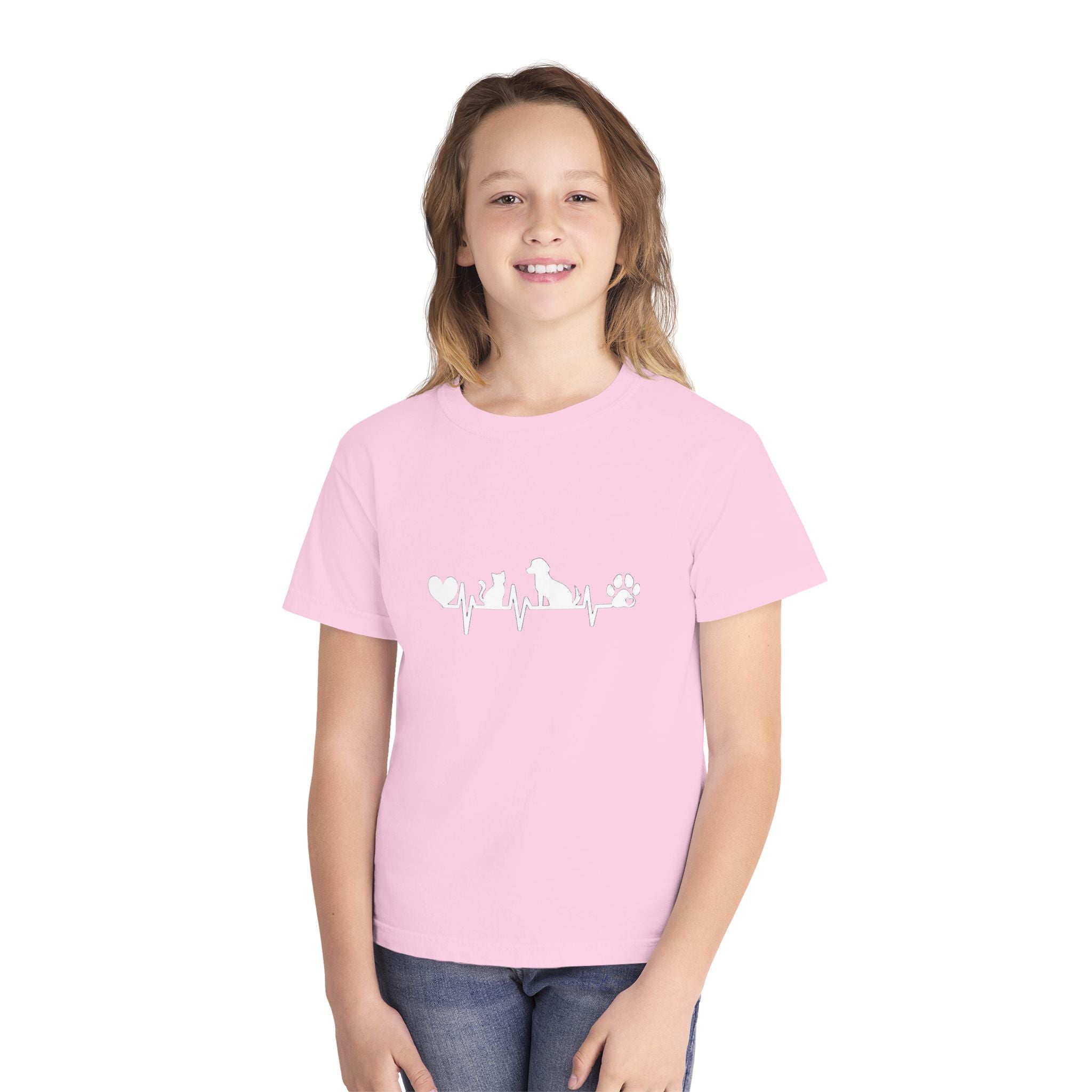 Youth Tee — Cute White Animal Heartbeat Graphic (Kids Casual Top, Spring/Summer)