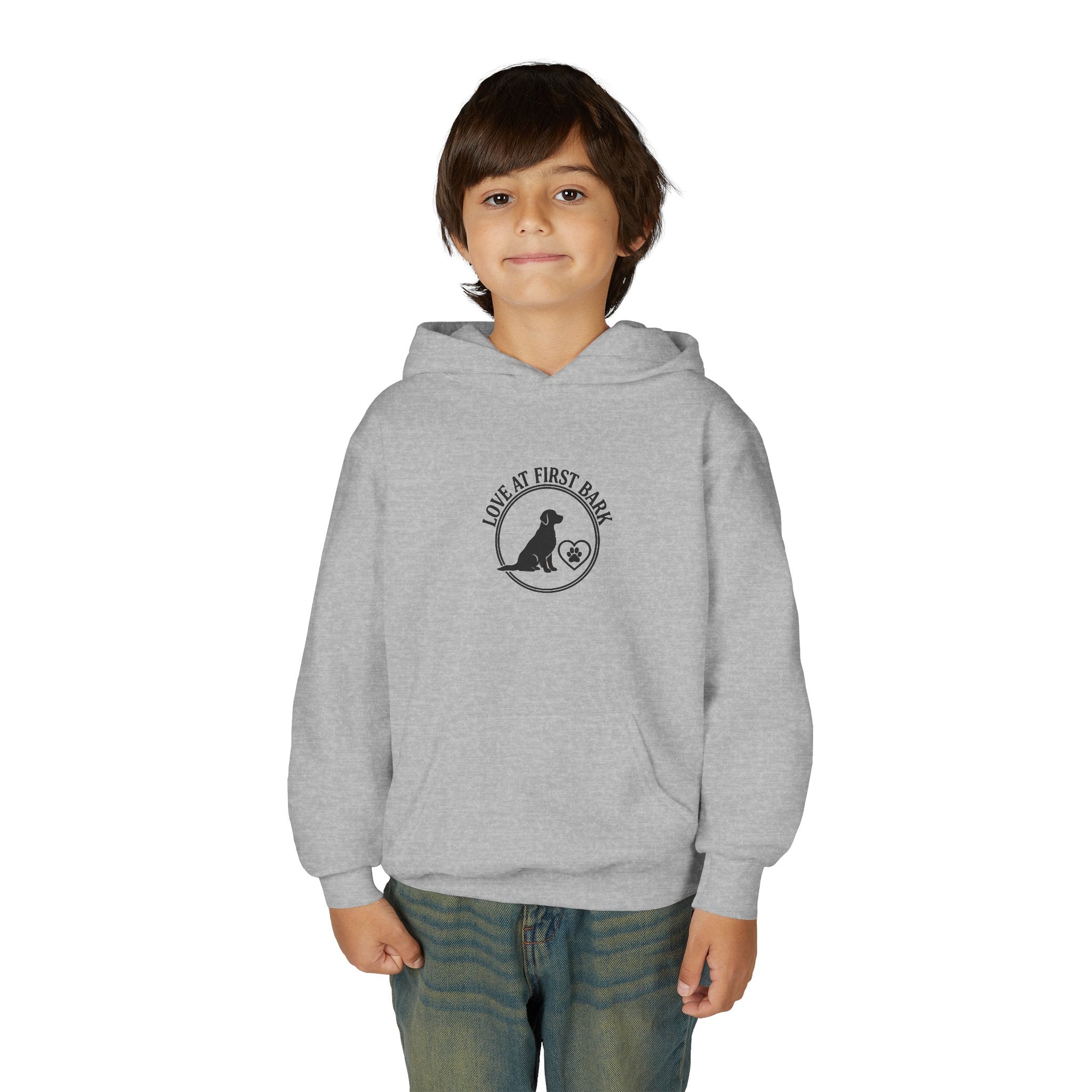 Youth Hoodie — "Love at First Bark" Puppy Graphic
