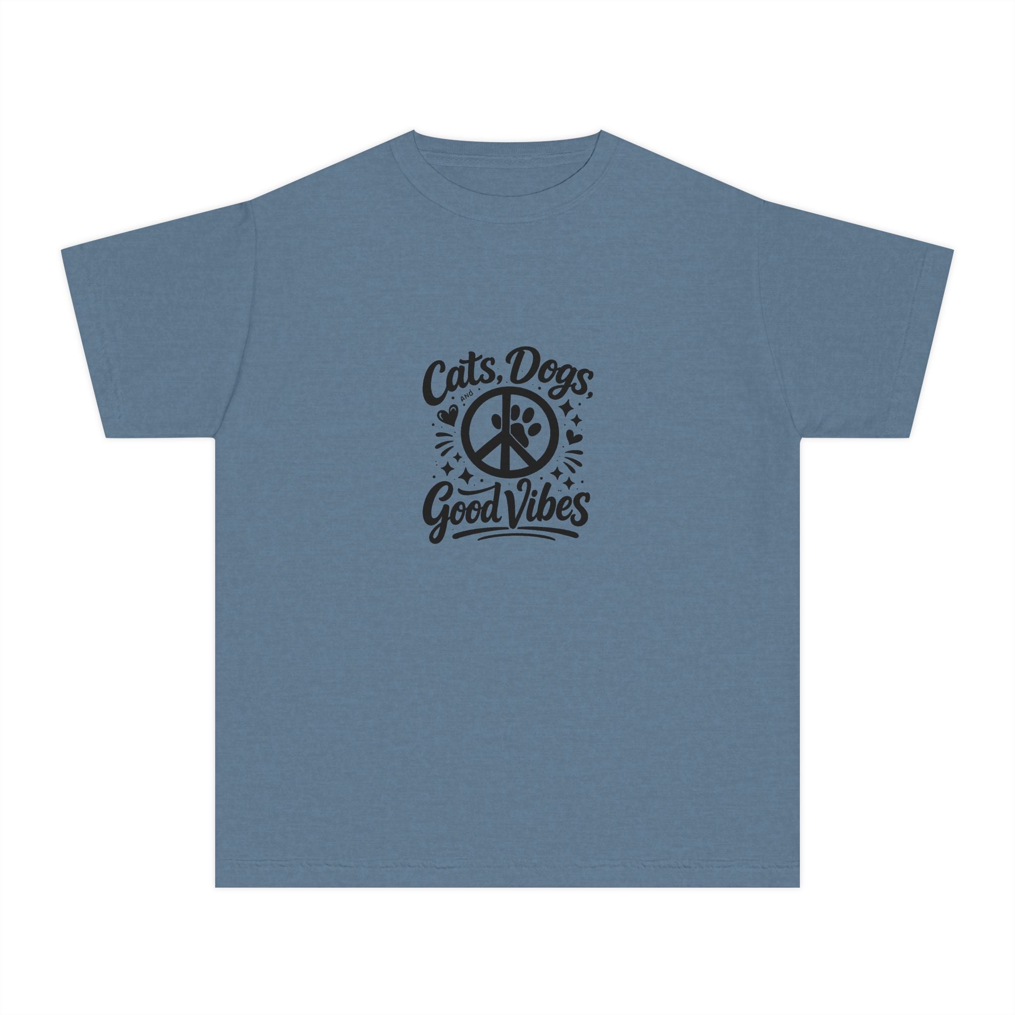 Youth Tee - "Cats. Dogs. Good Vibes" Peace Sign Graphic