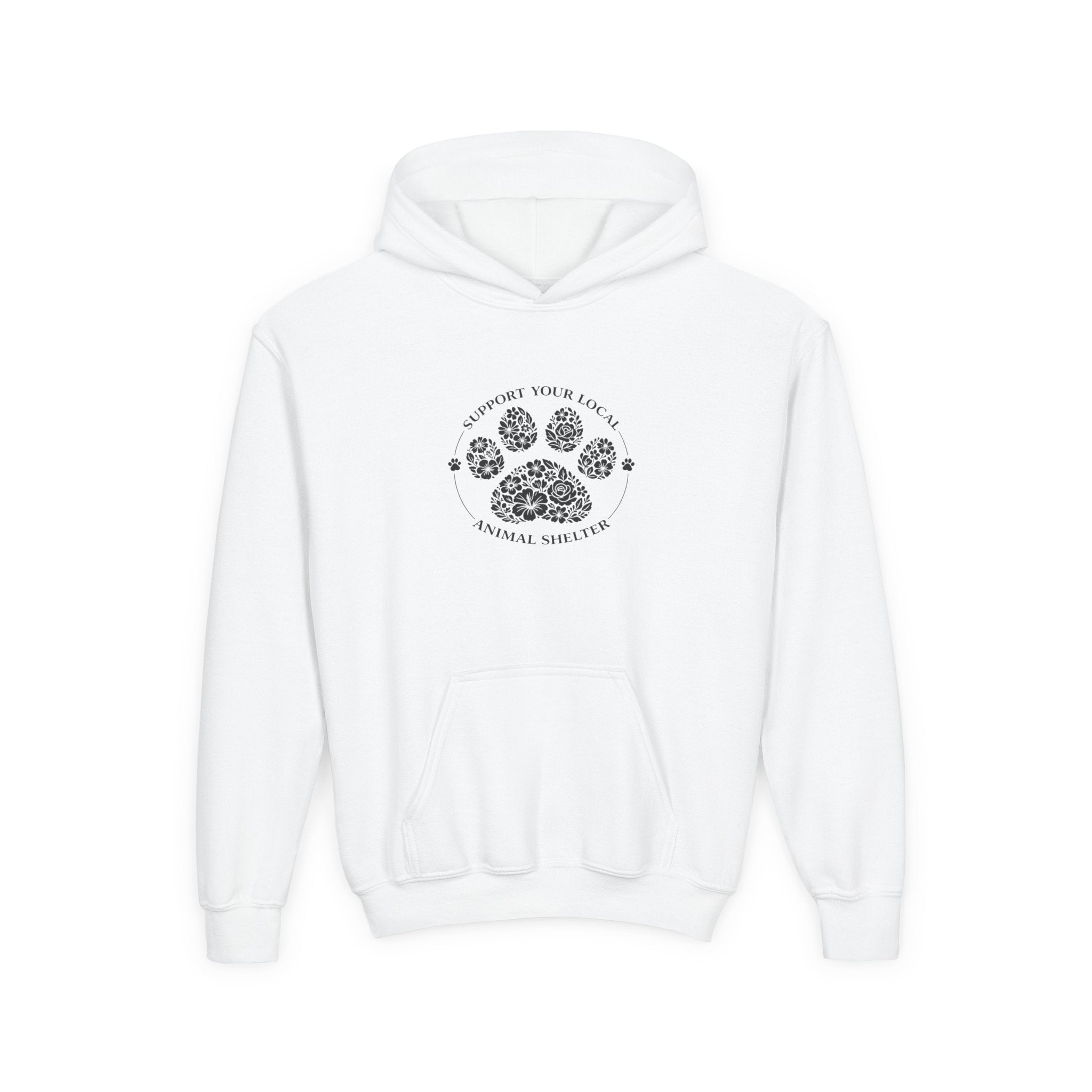 Youth Paw Print Hoodie — 'Support Your Local Animal Shelter' Kids Sweatshirt