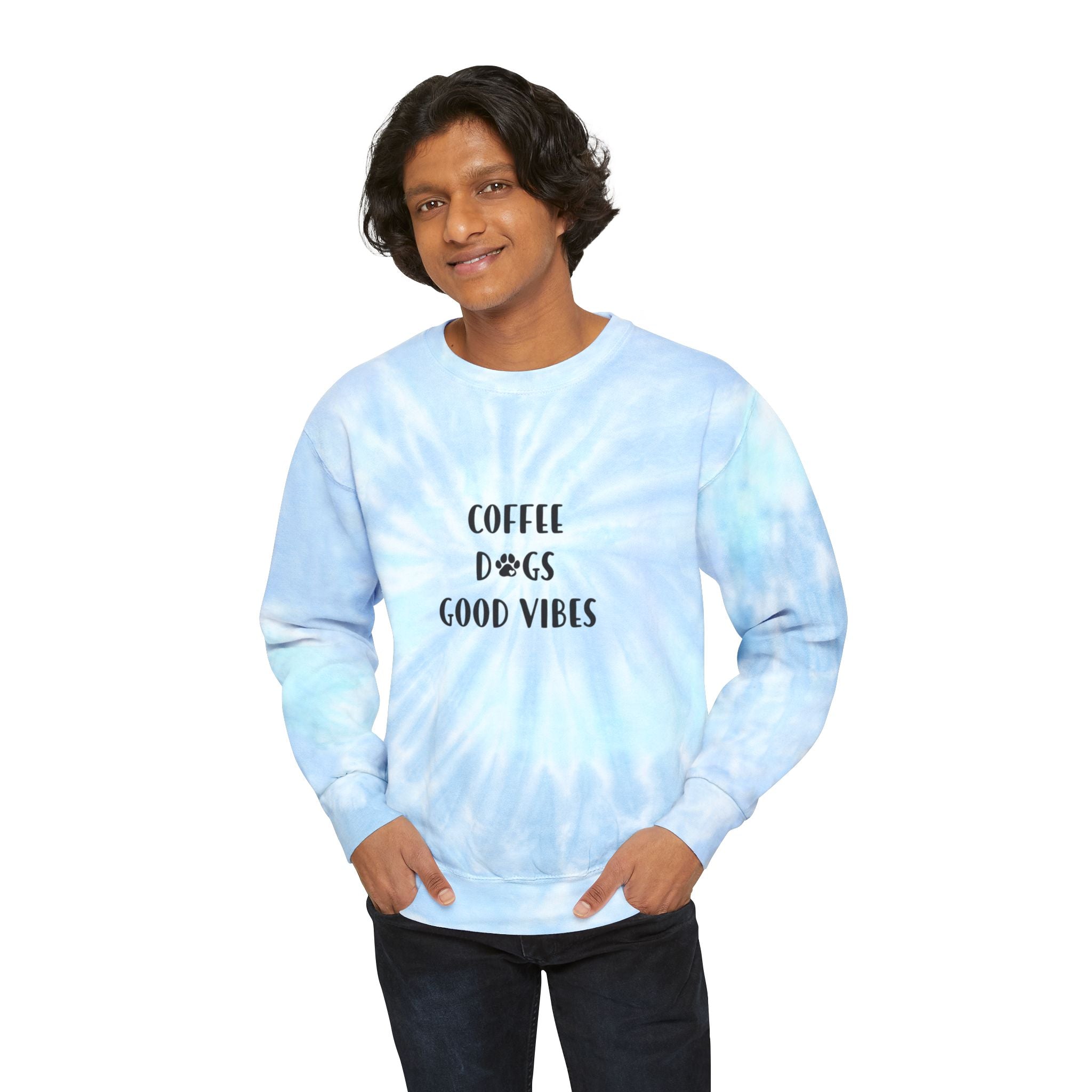 Tie-Dye Sweatshirt — "Coffee Dogs Good Vibes" Light Blue Cozy Pullover