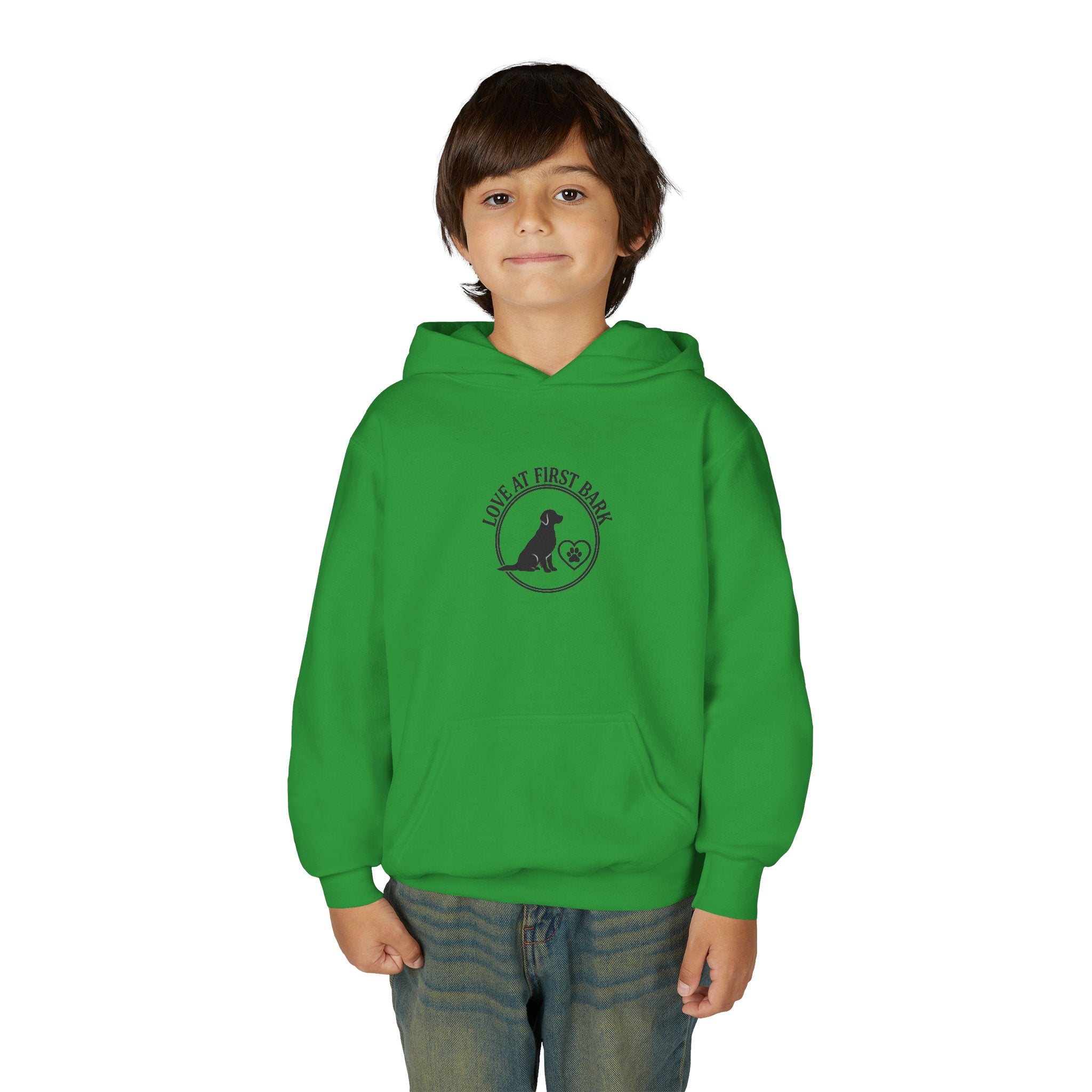 Youth Hoodie — "Love at First Bark" Puppy Graphic