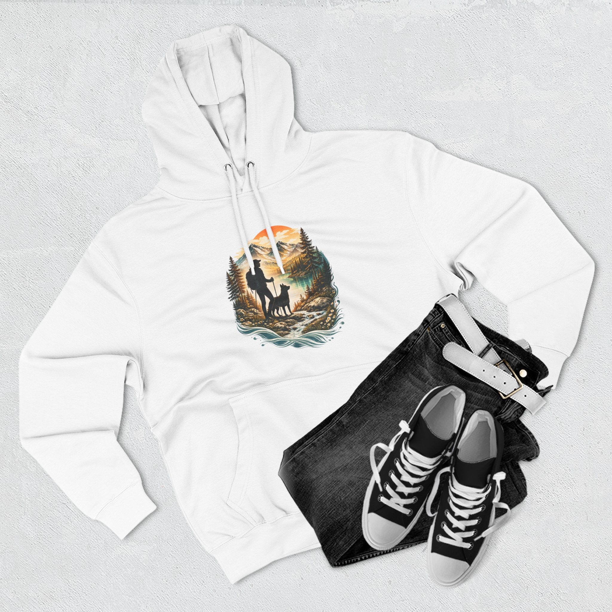 Women's Hiking with Dog in Mountains at Sunset Hoodie