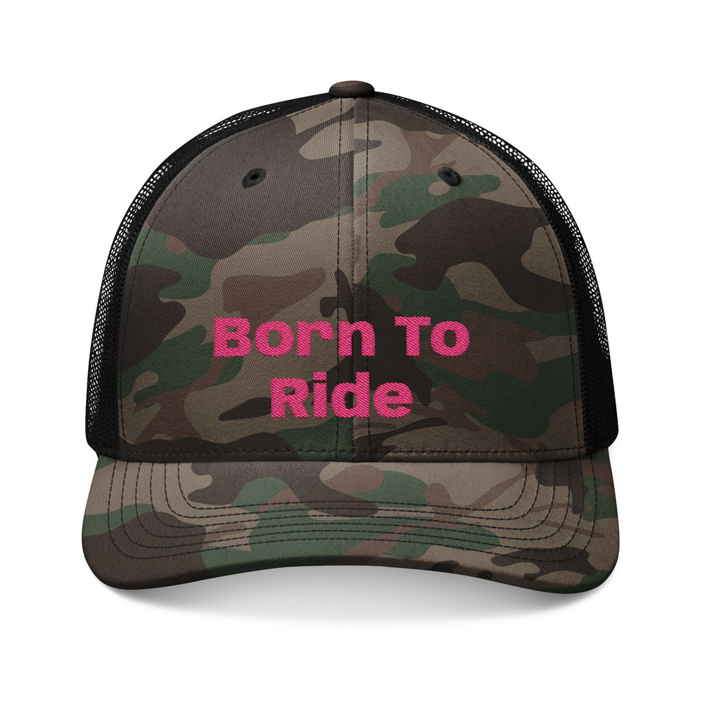 Camouflage Trucker Hat — Embroidered "Born To Ride" Pink