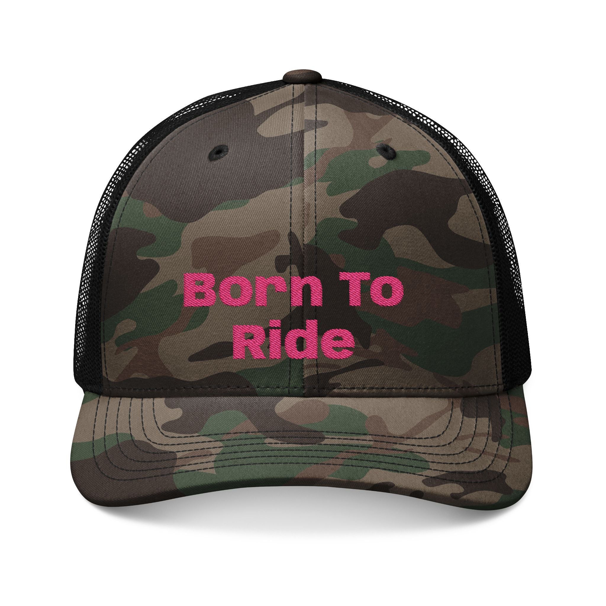 Camouflage Trucker Hat — Embroidered "Born To Ride" Pink