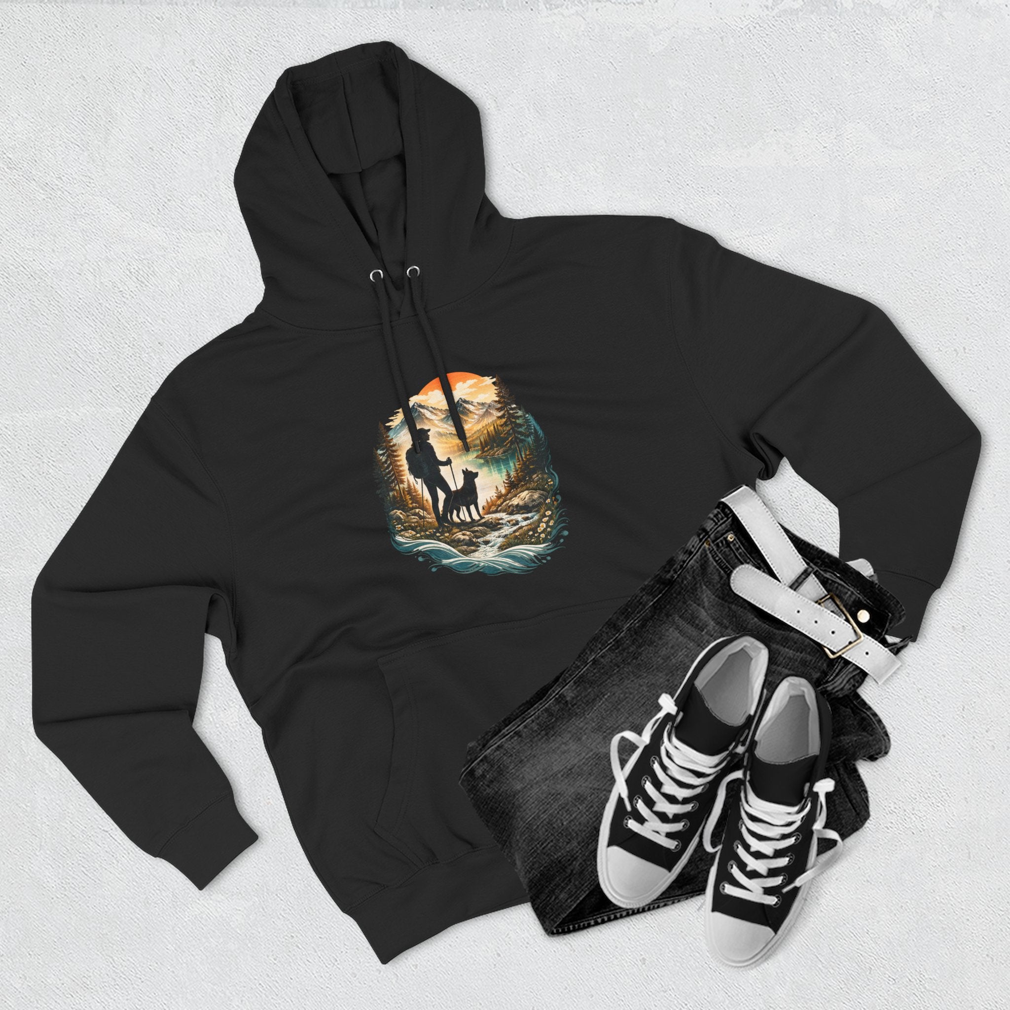 Women's Hiking with Dog in Mountains at Sunset Hoodie