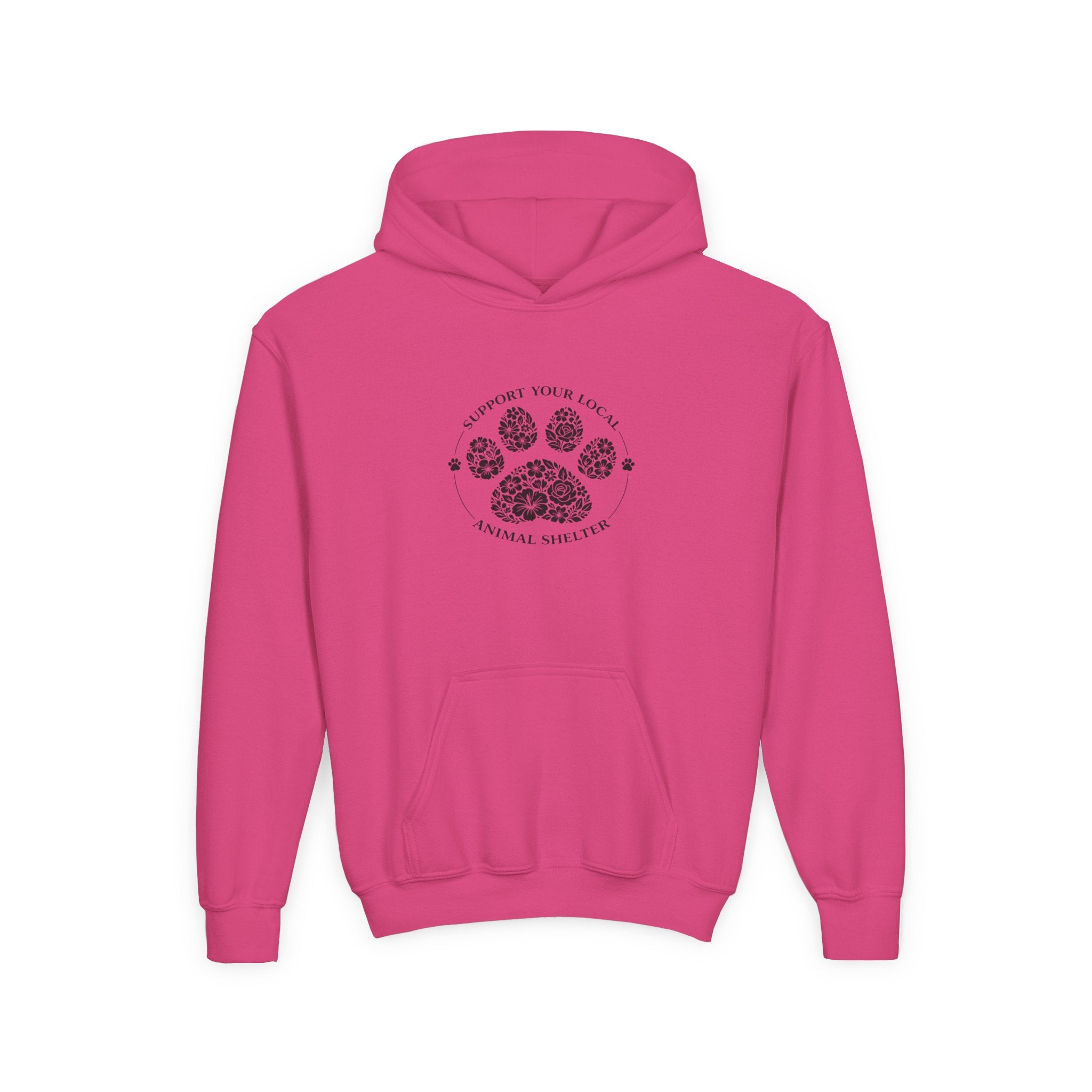 Youth Paw Print Hoodie — 'Support Your Local Animal Shelter' Kids Sweatshirt