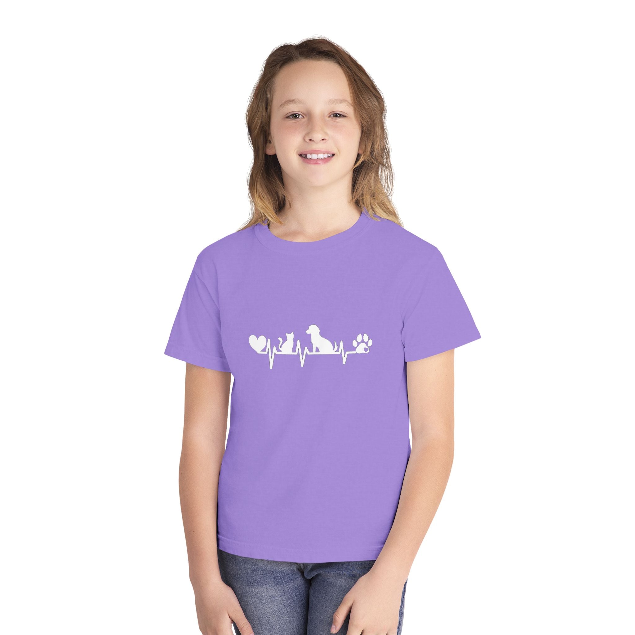 Youth Tee — Cute White Animal Heartbeat Graphic (Kids Casual Top, Spring/Summer)