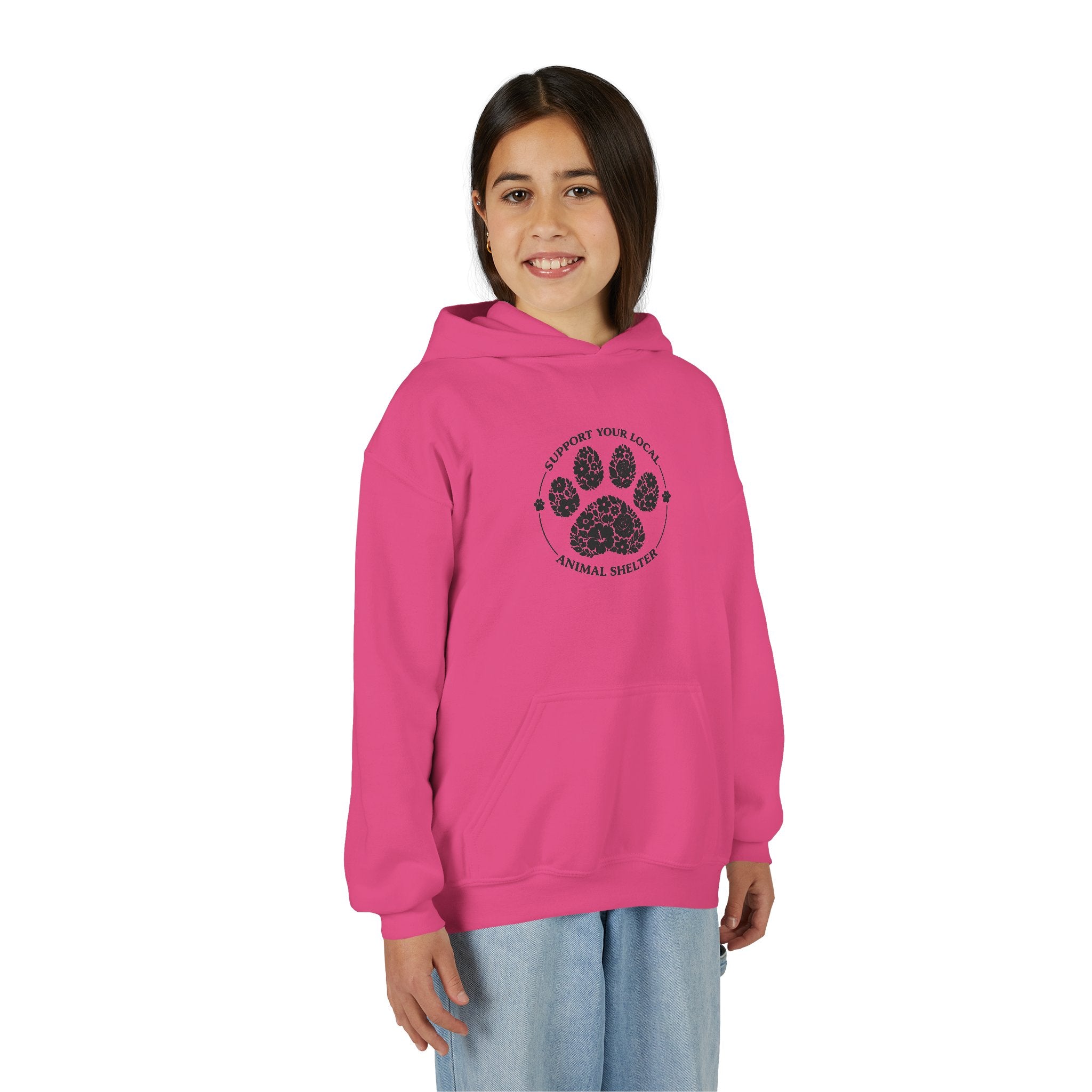 Youth Paw Print Hoodie — 'Support Your Local Animal Shelter' Kids Sweatshirt
