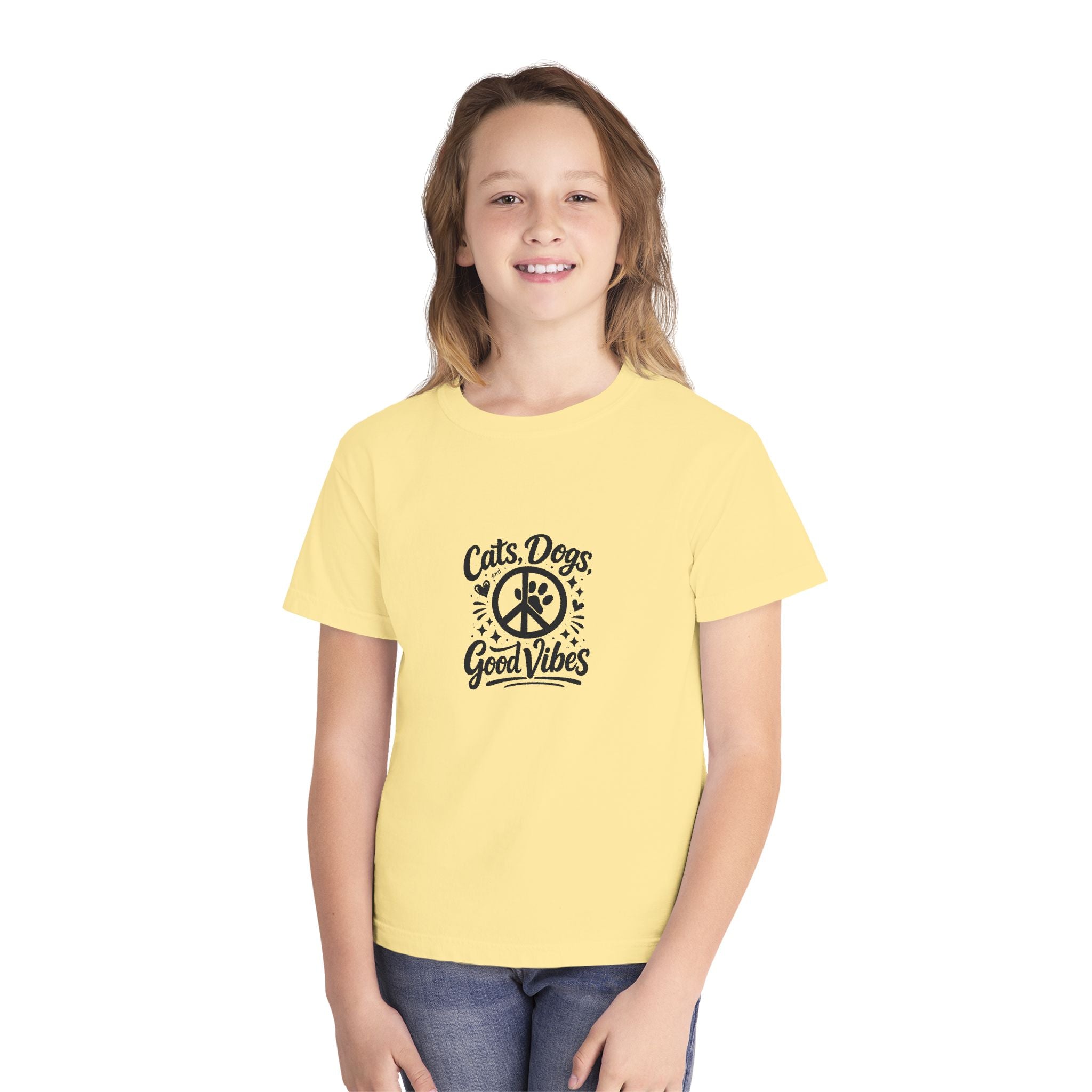 Youth Tee - "Cats. Dogs. Good Vibes" Peace Sign Graphic