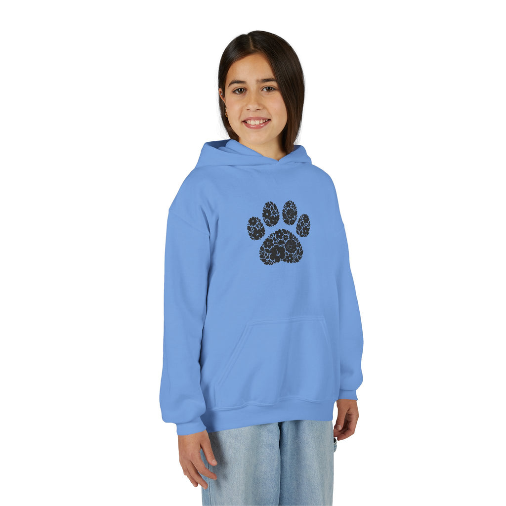 Youth Paw Print Hoodie — Floral Leopard Paw Graphic Sweatshirt for Kids