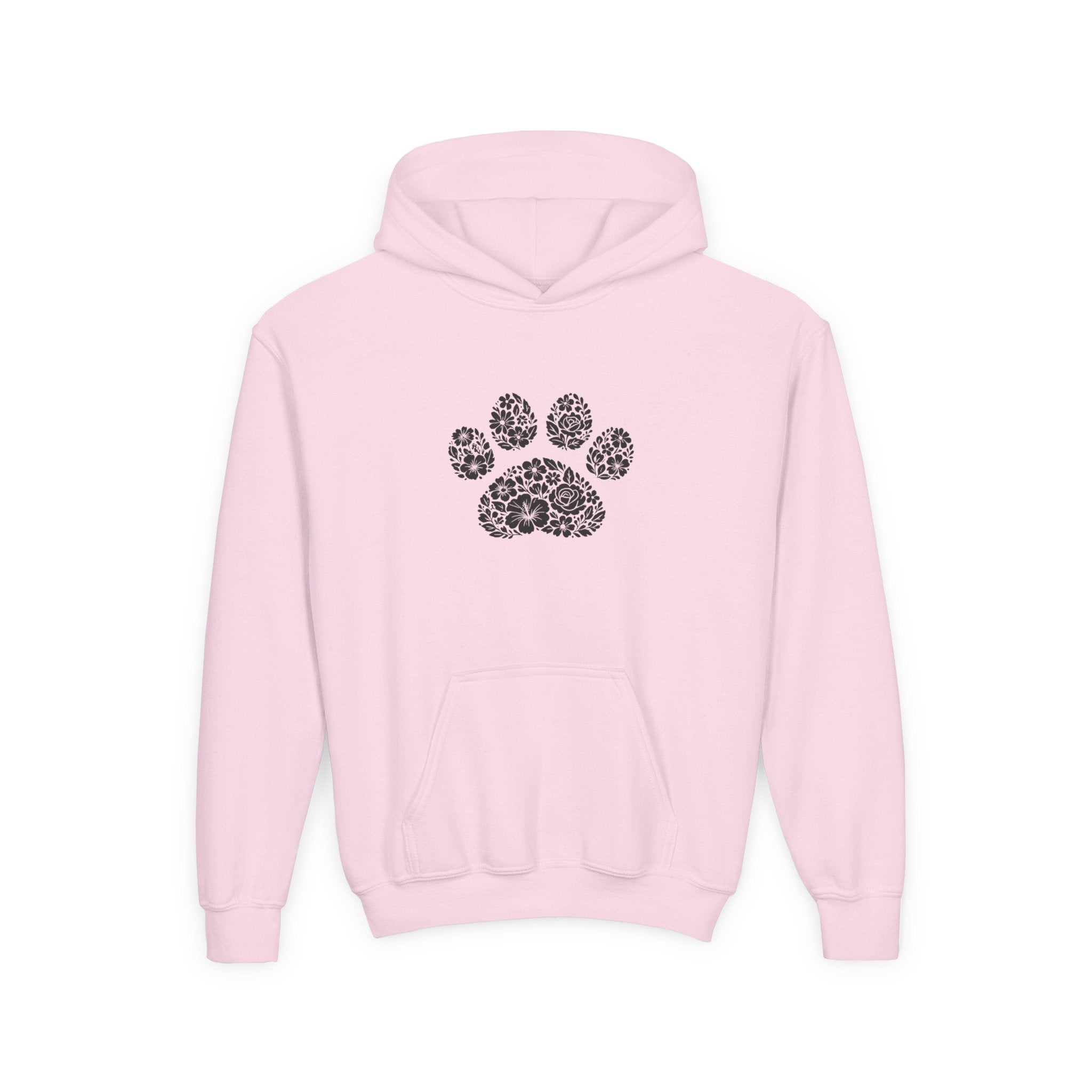 Youth Paw Print Hoodie — Floral Leopard Paw Graphic Sweatshirt for Kids