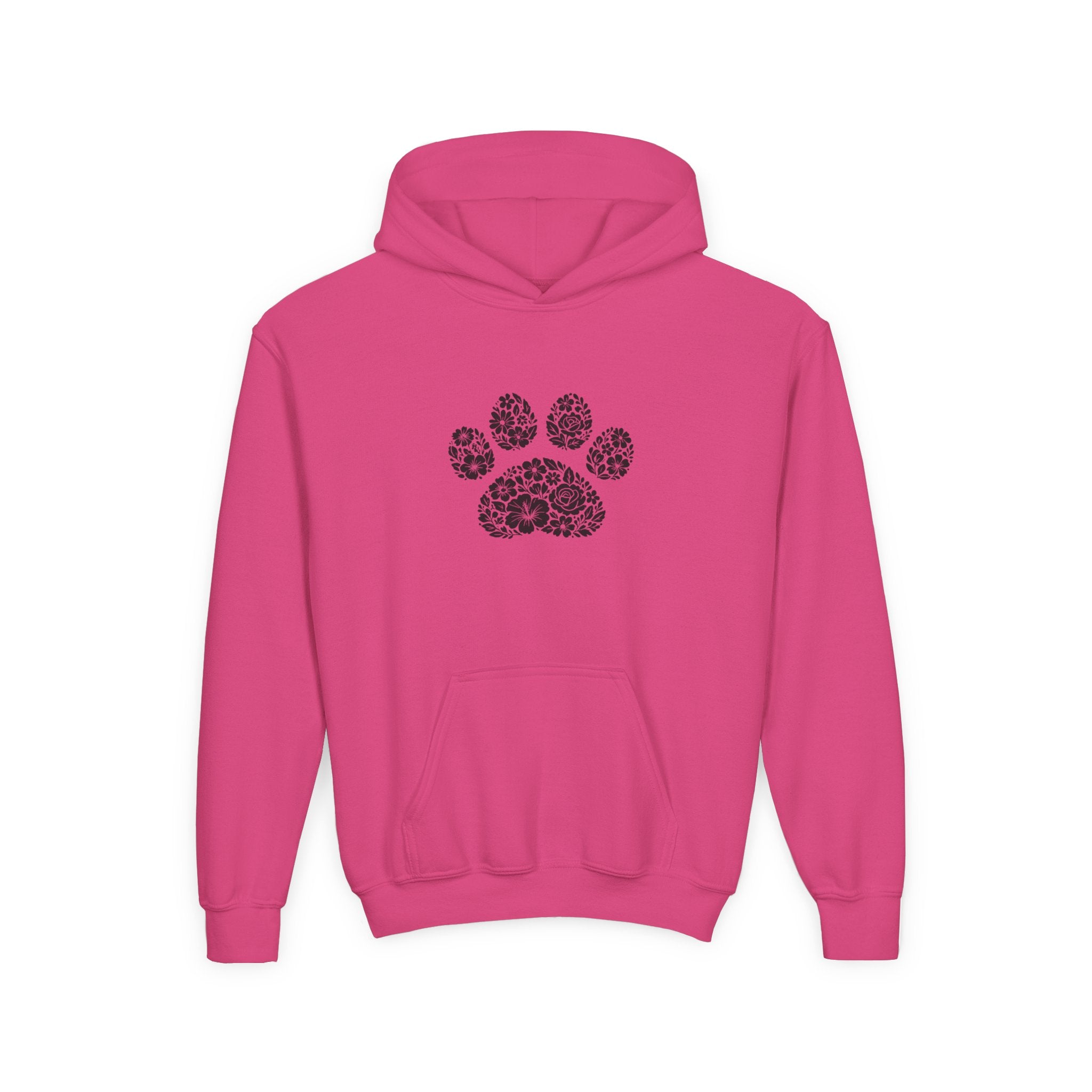 Youth Paw Print Hoodie — Floral Leopard Paw Graphic Sweatshirt for Kids