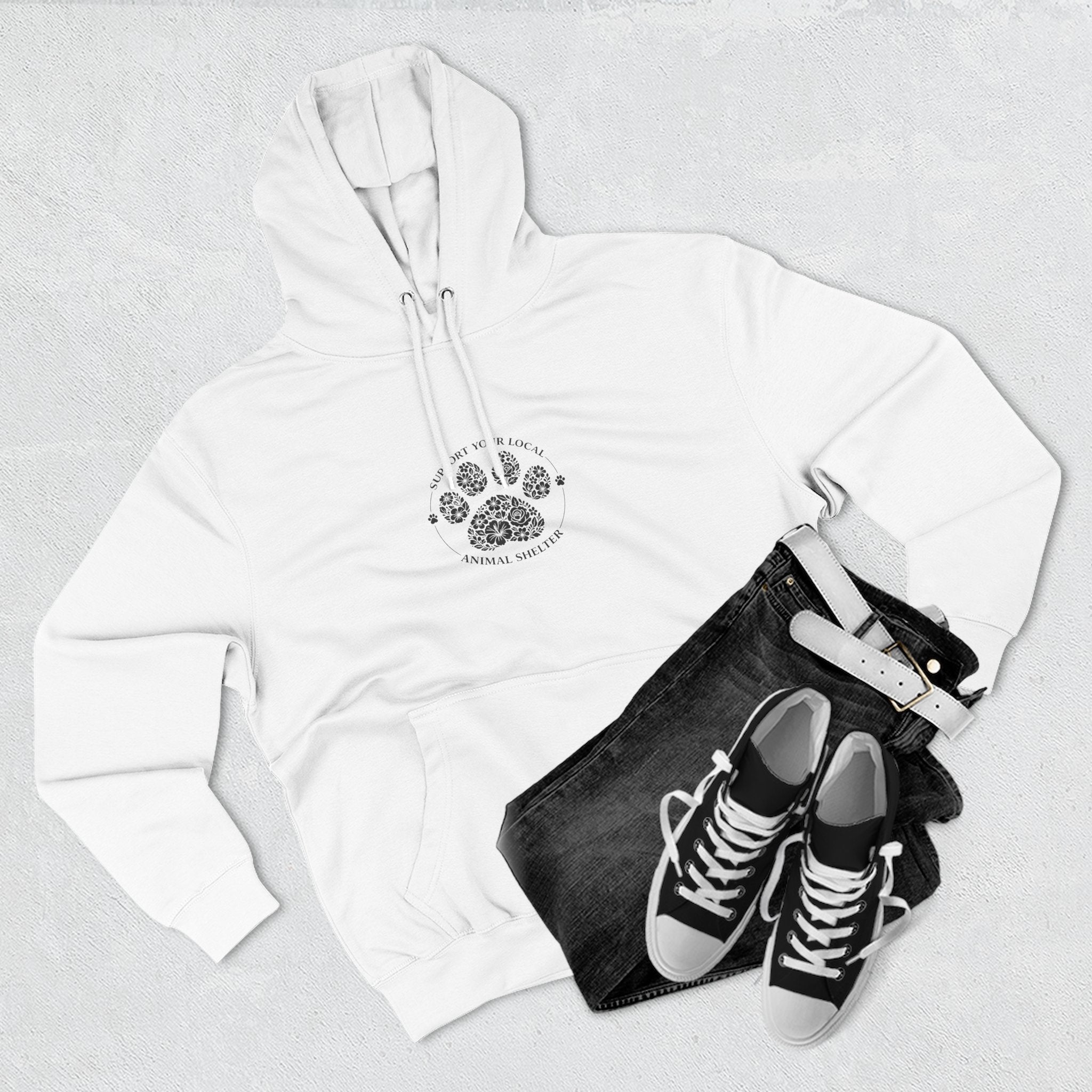 Paw Print Floral Hoodie — "Support Your Local Animal Shelter" Fleece Pullover