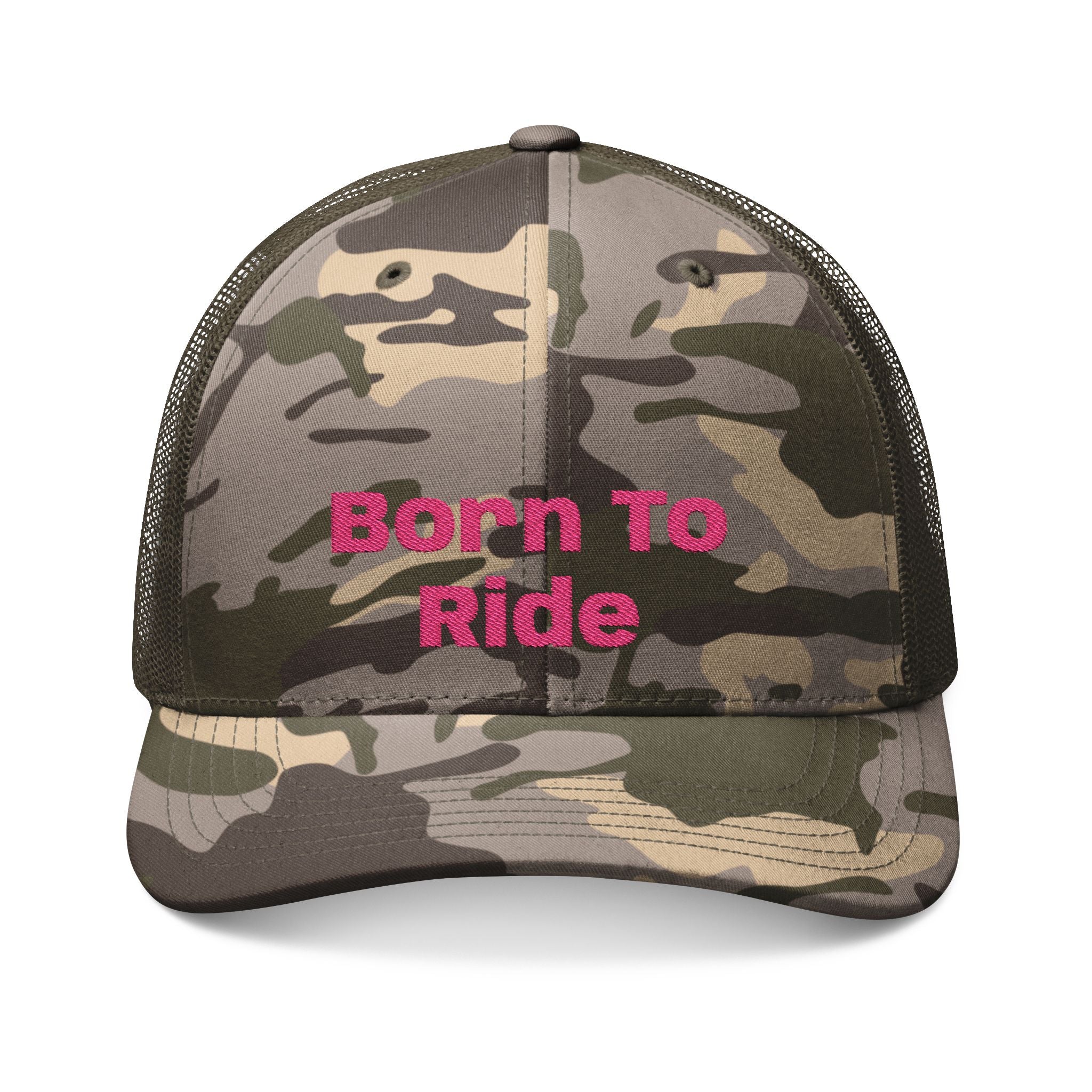Camouflage Trucker Hat — Embroidered "Born To Ride" Pink