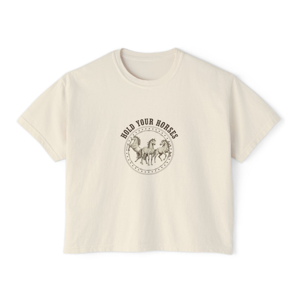 Women's Boxy Tee — 'Hold Your Horses' Vintage Horse Graphic Tee