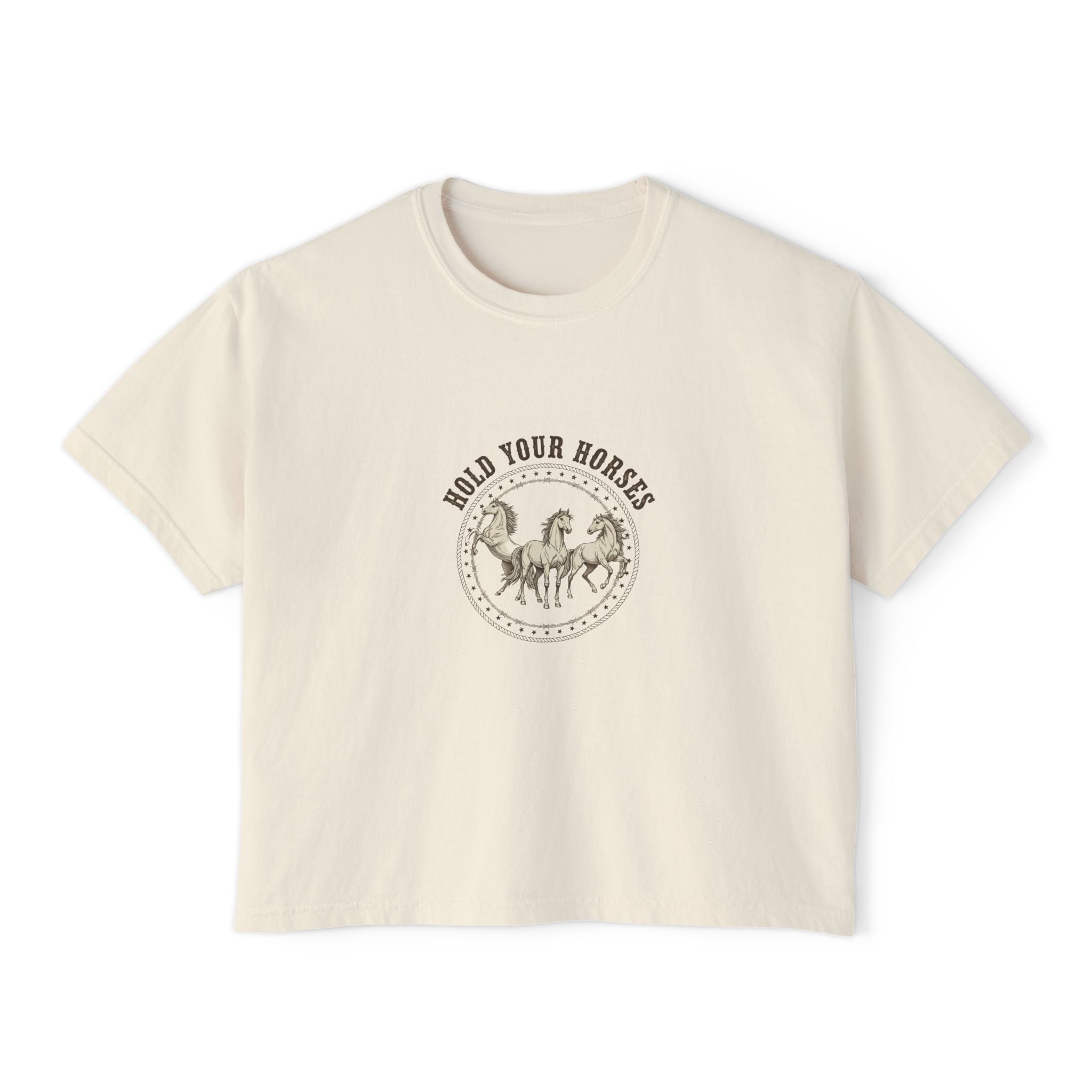 Women's Boxy Tee — 'Hold Your Horses' Vintage Horse Graphic Tee