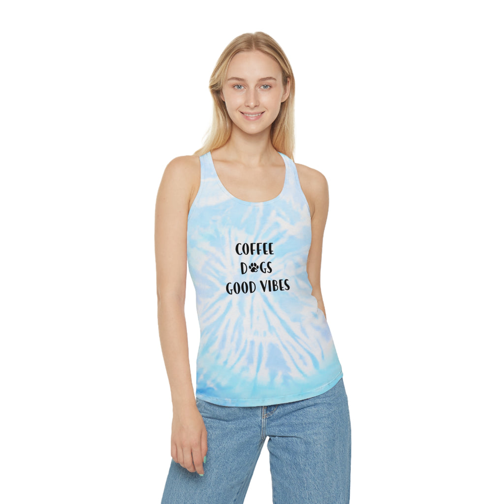 Tie-Dye Racerback Tank — "Coffee Dogs Good Vibes" Light Blue Summer Top