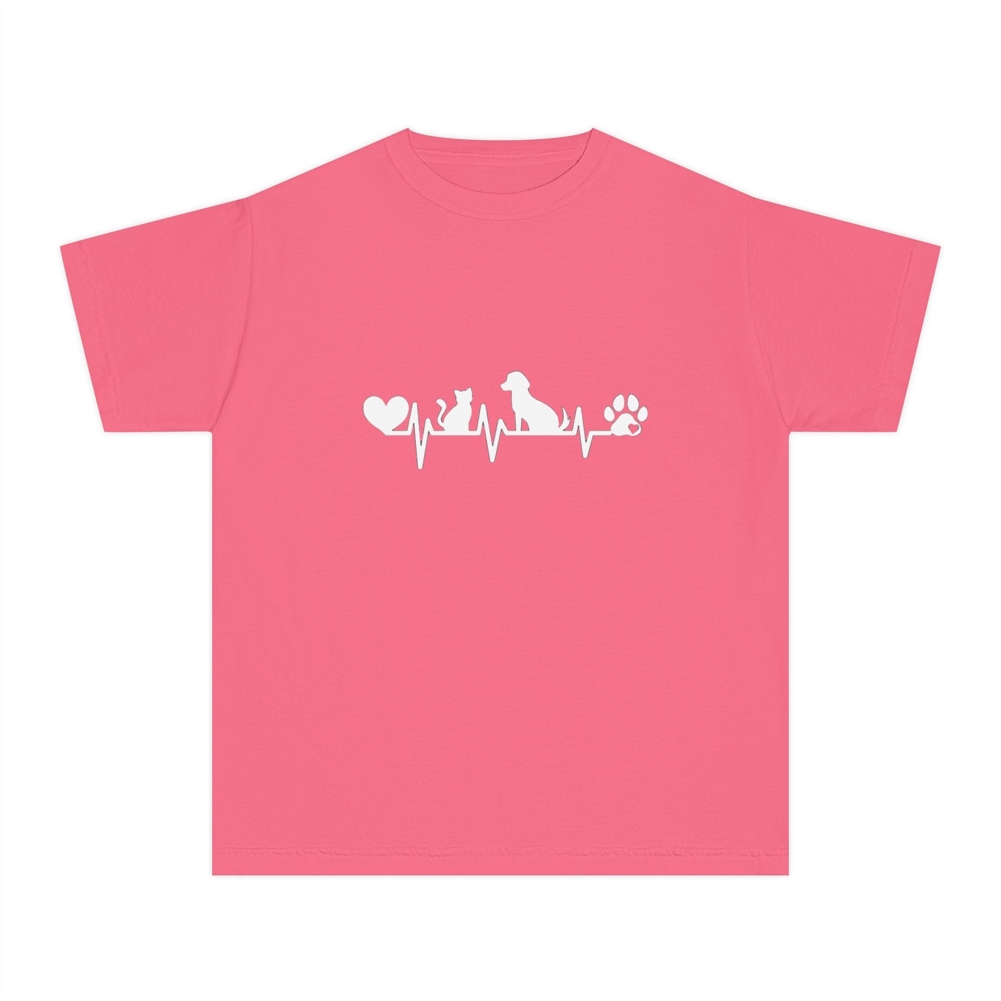 Youth Tee — Cute White Animal Heartbeat Graphic (Kids Casual Top, Spring/Summer)