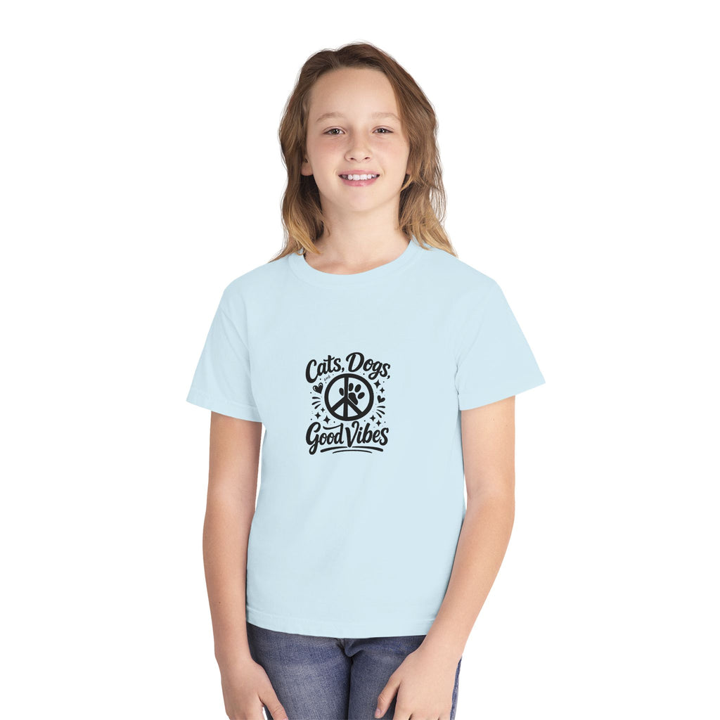 Youth Tee - "Cats. Dogs. Good Vibes" Peace Sign Graphic