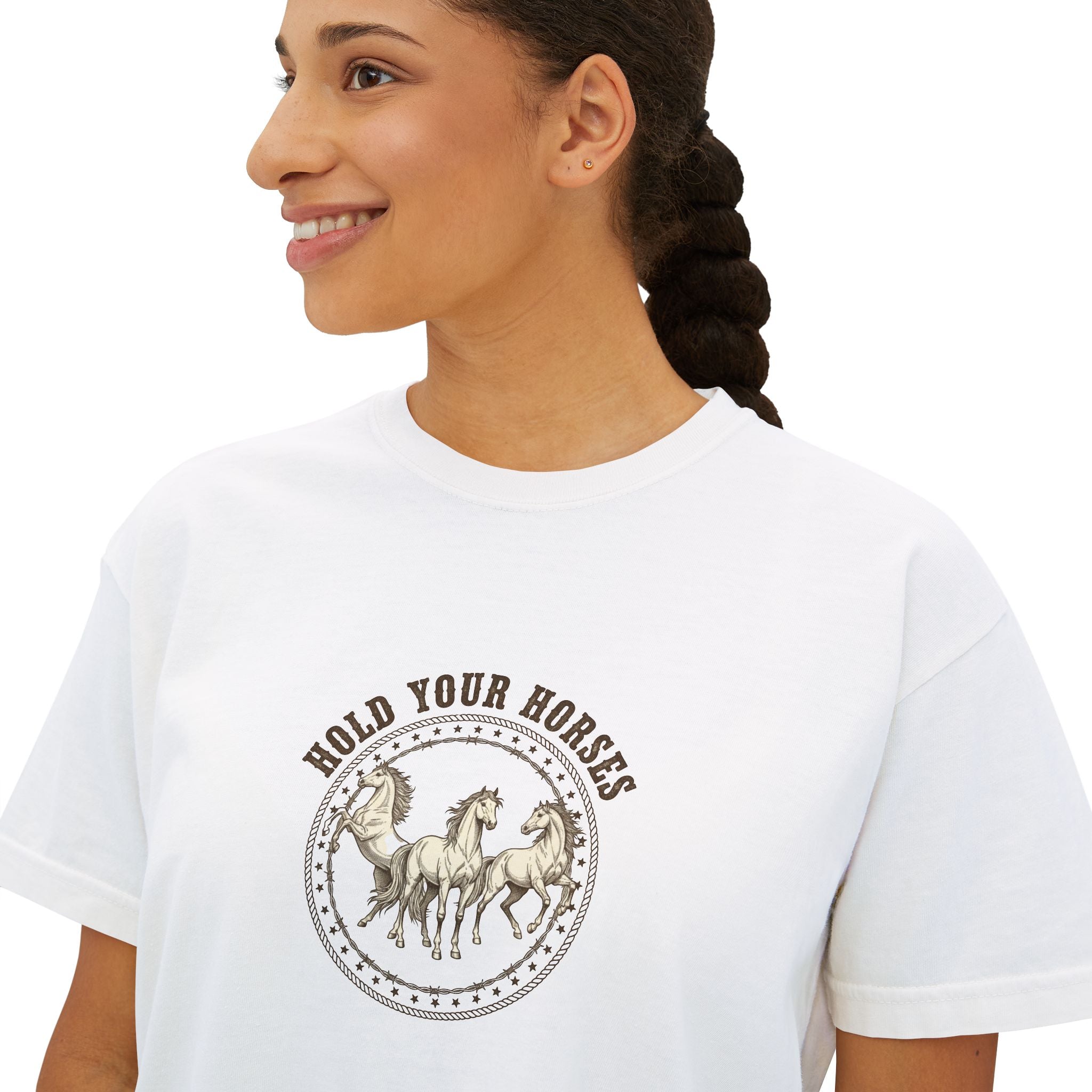 Women's Boxy Tee — 'Hold Your Horses' Vintage Horse Graphic Tee