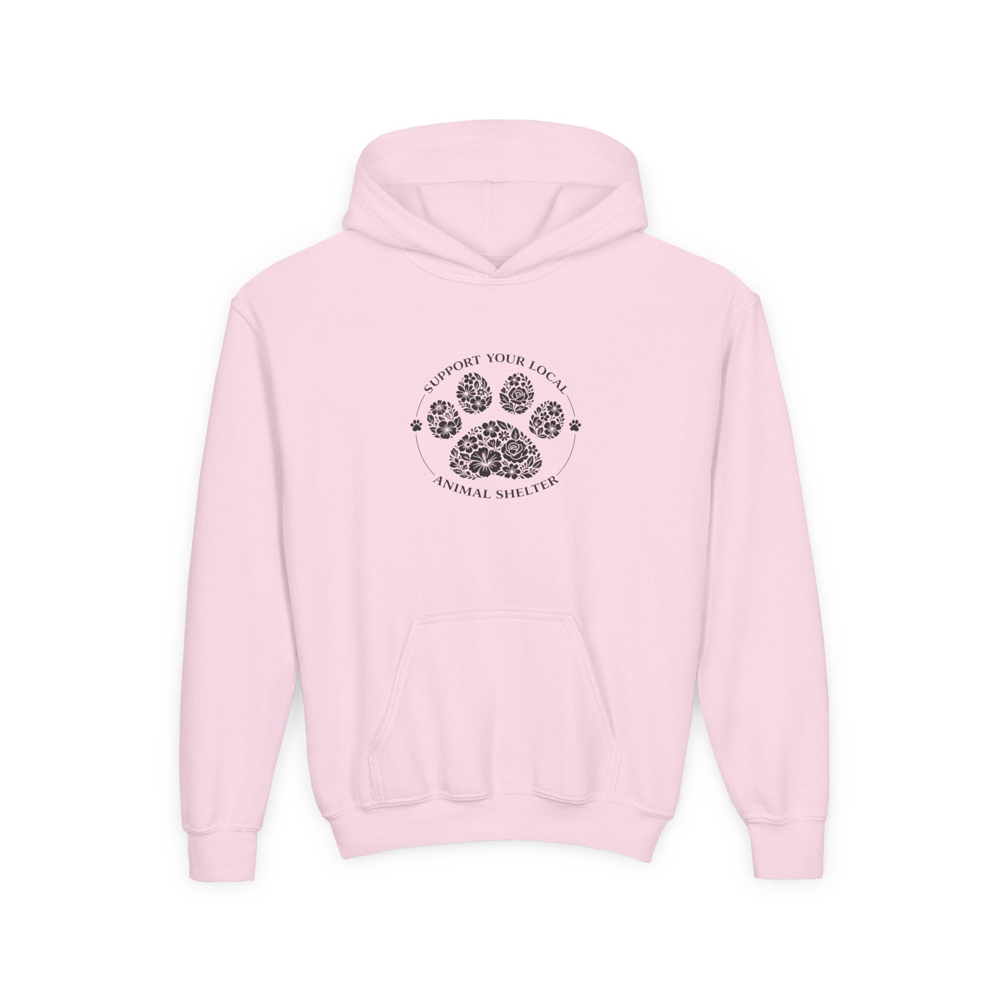 Youth Paw Print Hoodie — 'Support Your Local Animal Shelter' Kids Sweatshirt