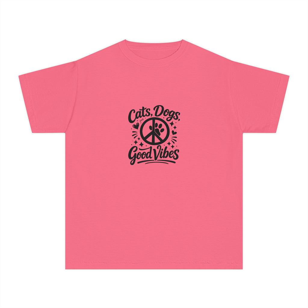Youth Tee - "Cats. Dogs. Good Vibes" Peace Sign Graphic