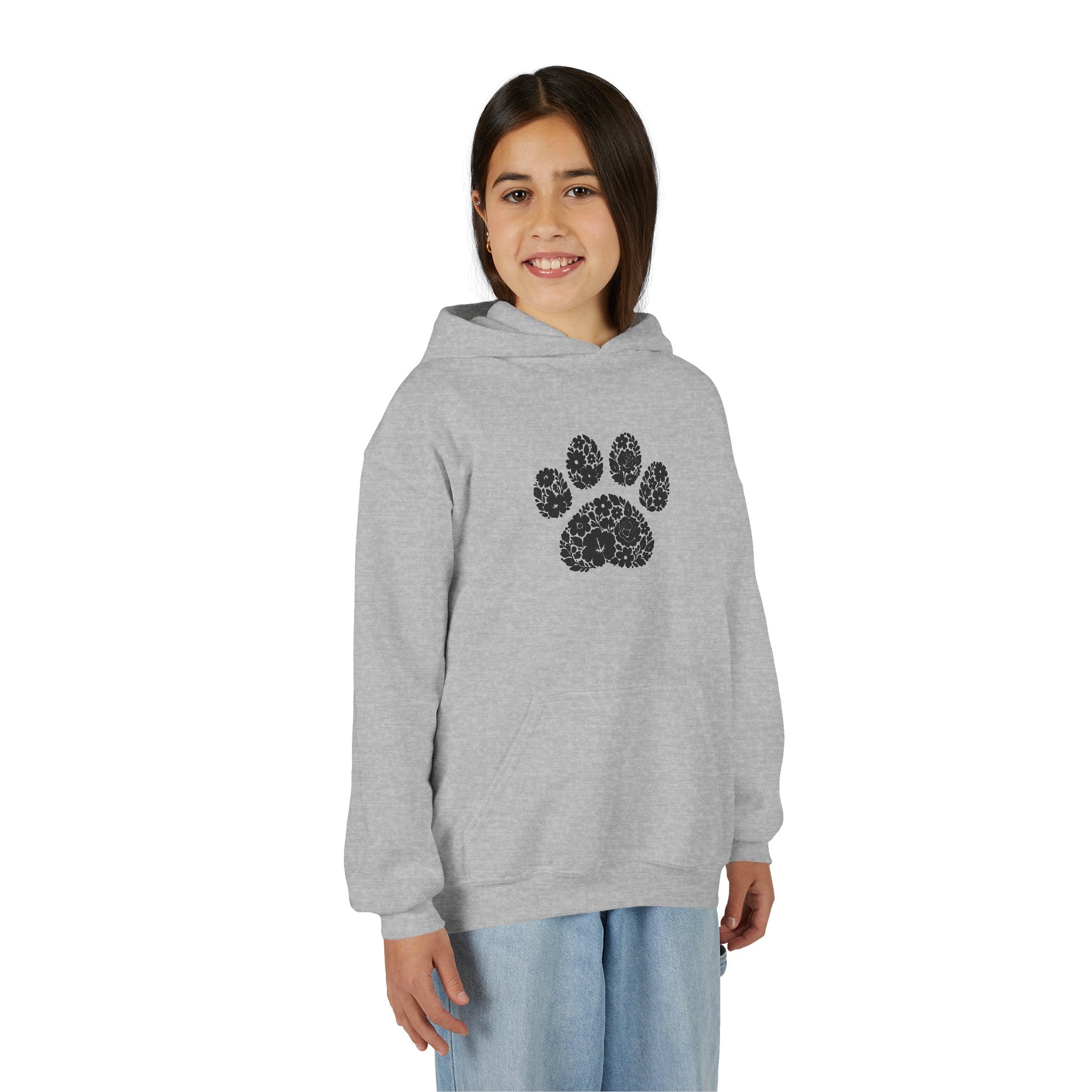 Youth Paw Print Hoodie — Floral Leopard Paw Graphic Sweatshirt for Kids