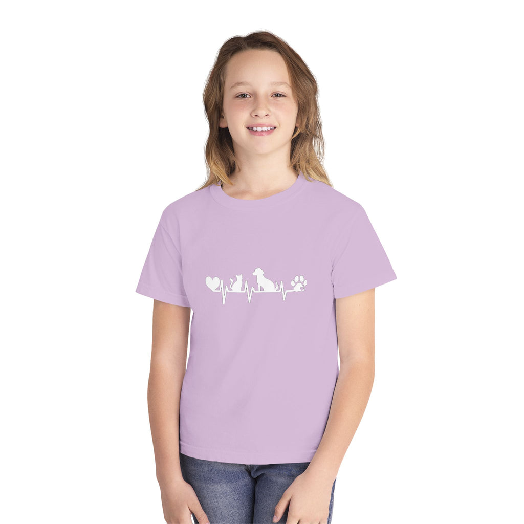 Youth Tee — Cute White Animal Heartbeat Graphic (Kids Casual Top, Spring/Summer)