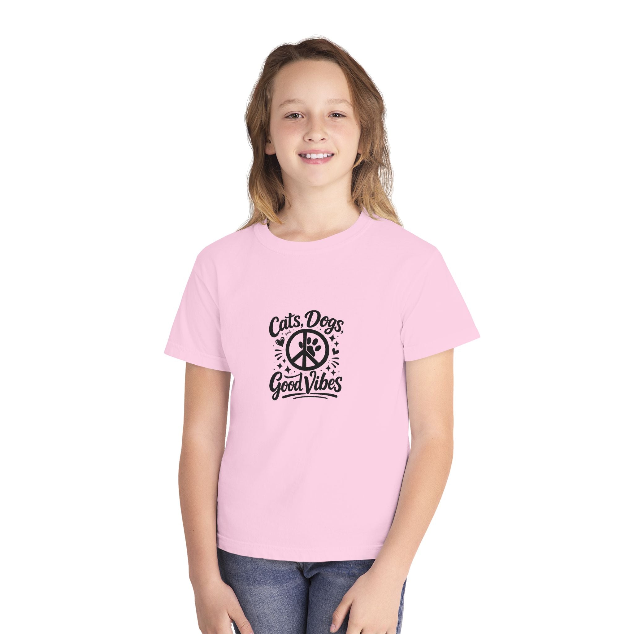 Youth Tee - "Cats. Dogs. Good Vibes" Peace Sign Graphic