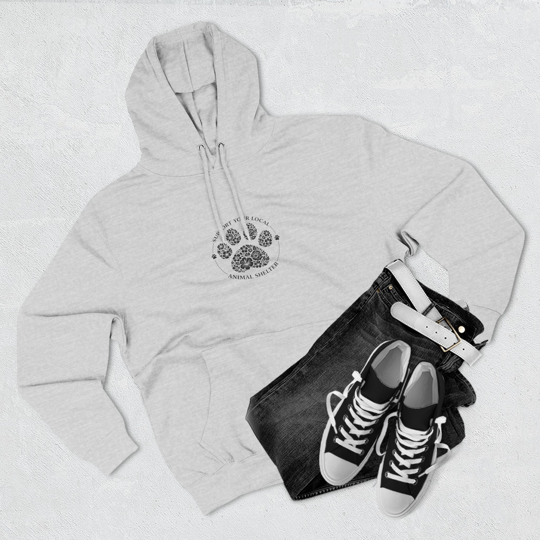 Paw Print Floral Hoodie — "Support Your Local Animal Shelter" Fleece Pullover
