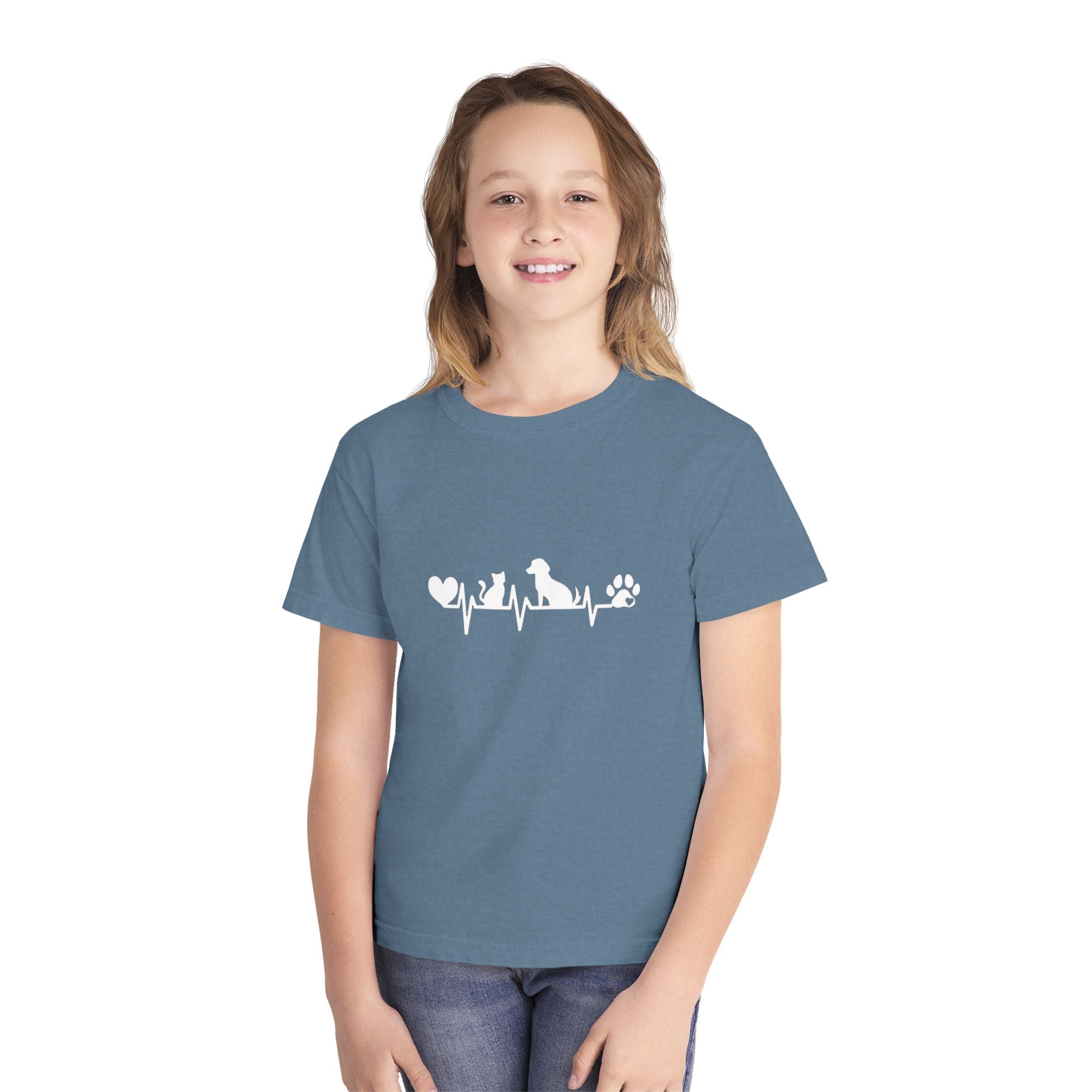 Youth Tee — Cute White Animal Heartbeat Graphic (Kids Casual Top, Spring/Summer)