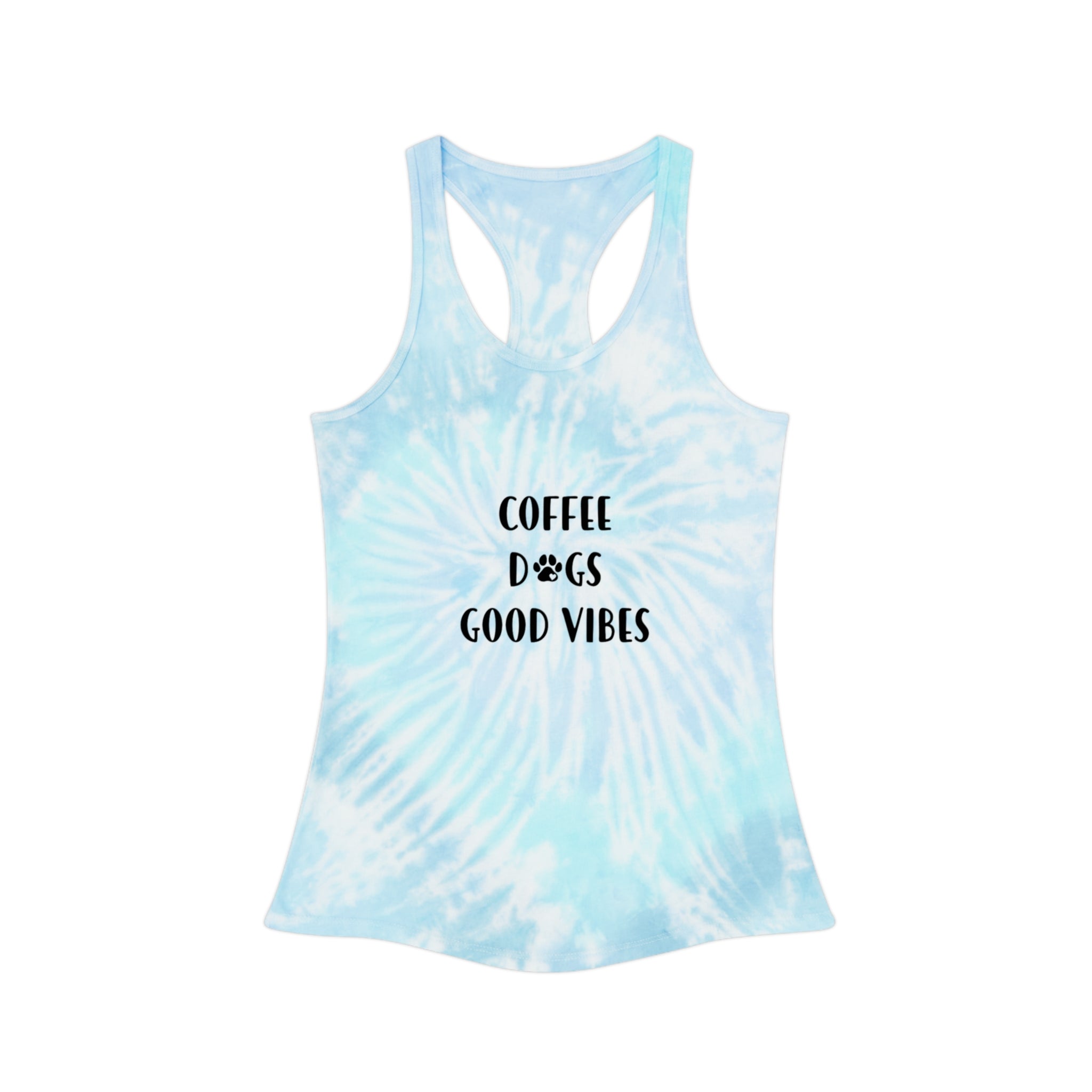 Tie-Dye Racerback Tank — "Coffee Dogs Good Vibes" Light Blue Summer Top